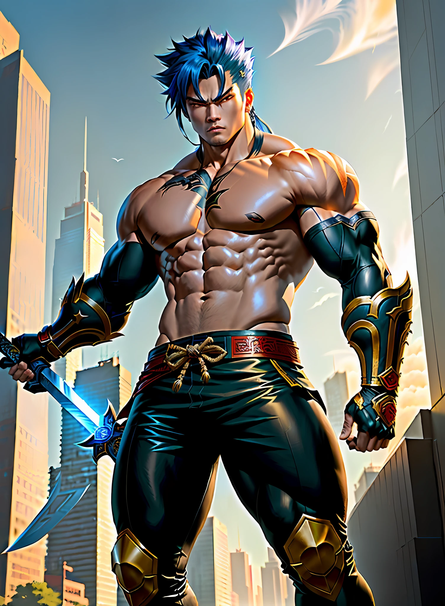 anime character with a sword in his hand in a city, muscular character, inspired by Daryush Shokof, muscular male hero, fighting game character, as a character in tekken, muscular characters, akira from chinese mythology, inspired by Liao Chi-chun, character from king of fighters, in the style of sifu 🔥 😎 🕹️ 👀 :2