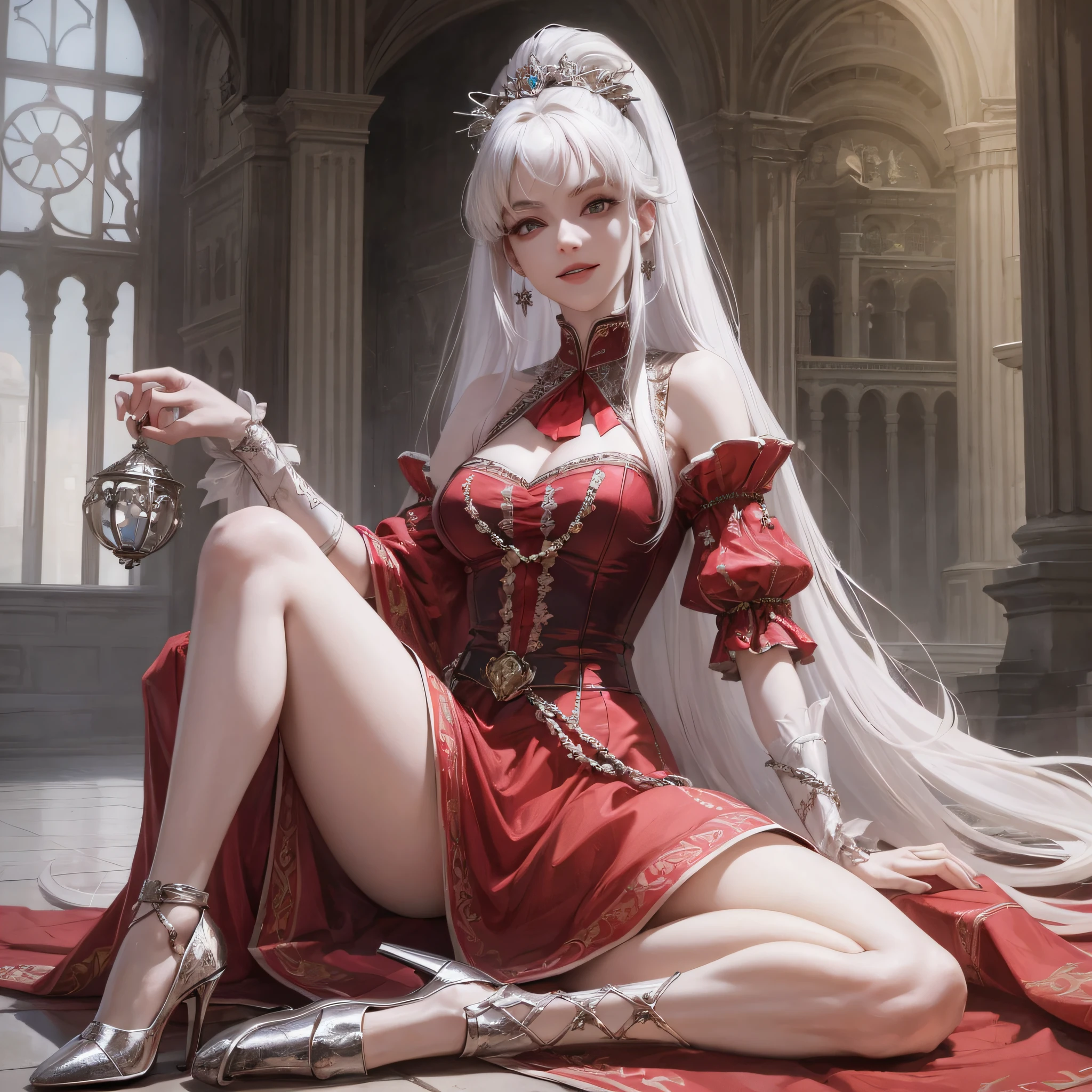 Realistic, HD, full body, sitting, white hair, red hair, long hair, high ponytail, French bangs, inverted triangle face, willow leaf shaped eyes, crescent eyebrows, high nose bridge, cherry mouth, smile, royal sister type, long legs, crystal high heels, palace --auto --s2