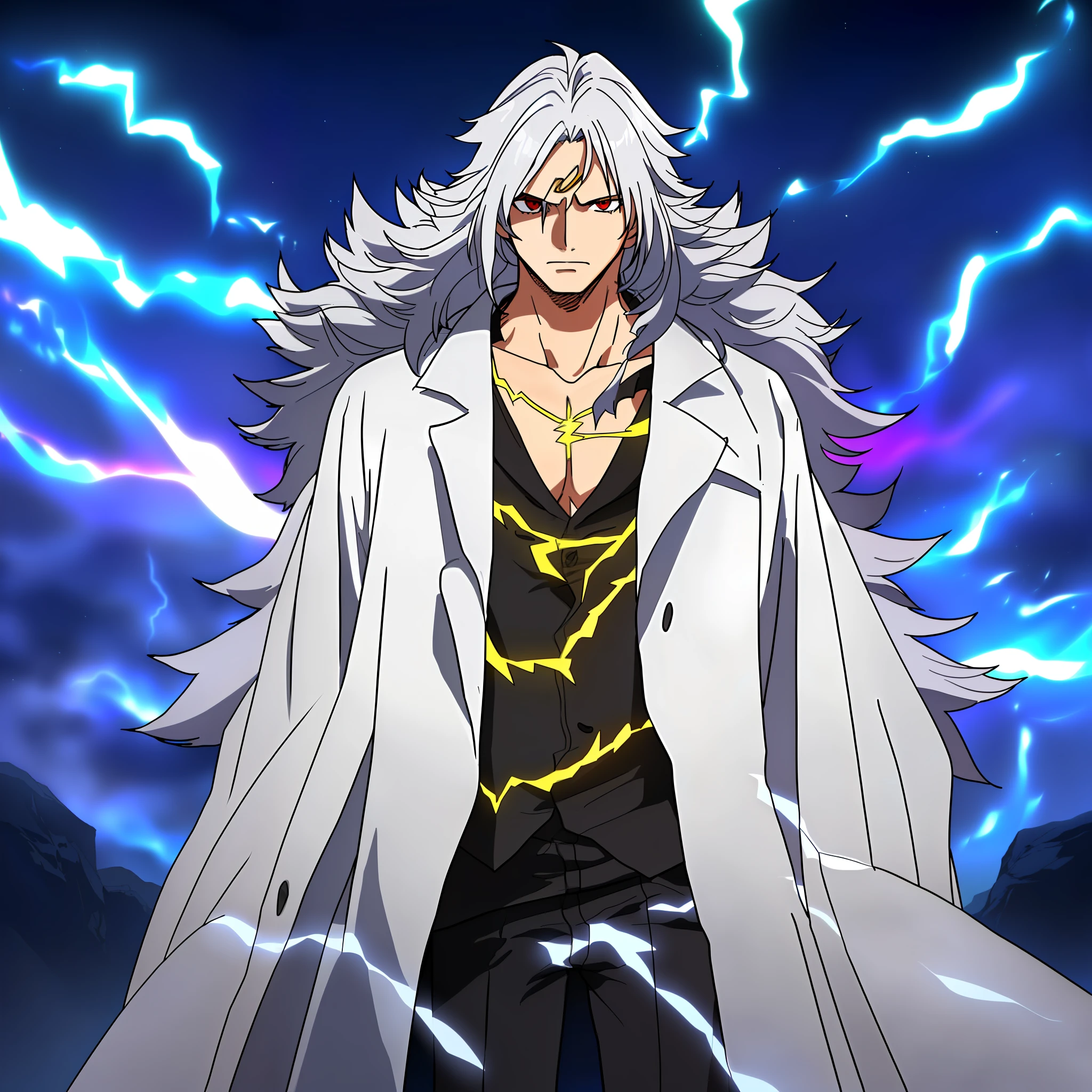 Finely crafted lighting, young adult male, long back hair, gray and black multicolored hair, hair in mush, highlighted red eyes, nocturnal environment, lightning, sky with rays, divine style clothes, gold necklaces, white overcoat
