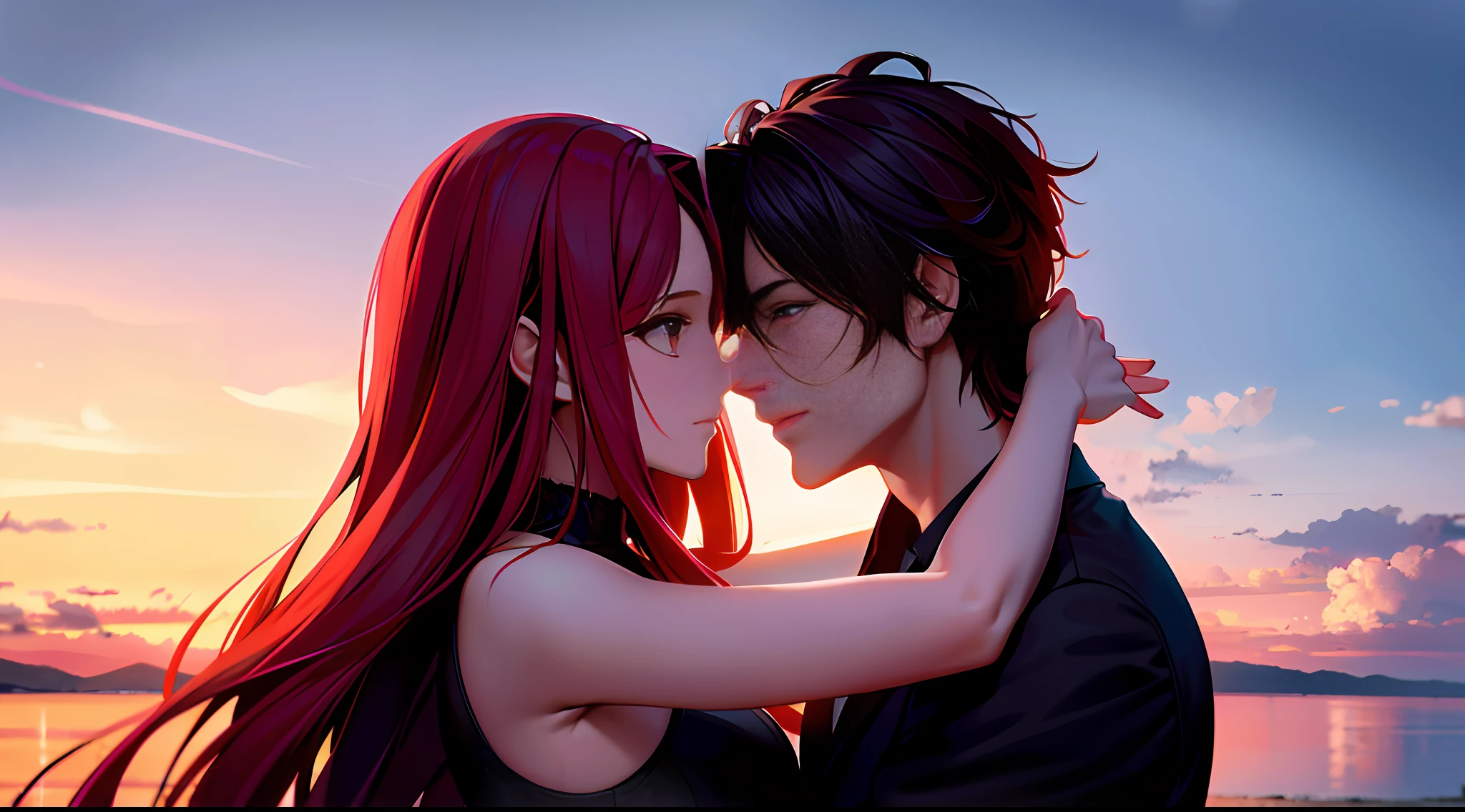 ((whit hair)), Red eyes, couples, Hugged, Look at each other, sky background, Romanticism, cinematic lighting, chiaroscuro, close-up, 8k, best quality, UHD, highres, high quality, high details, super detail, masterpiece, award winning