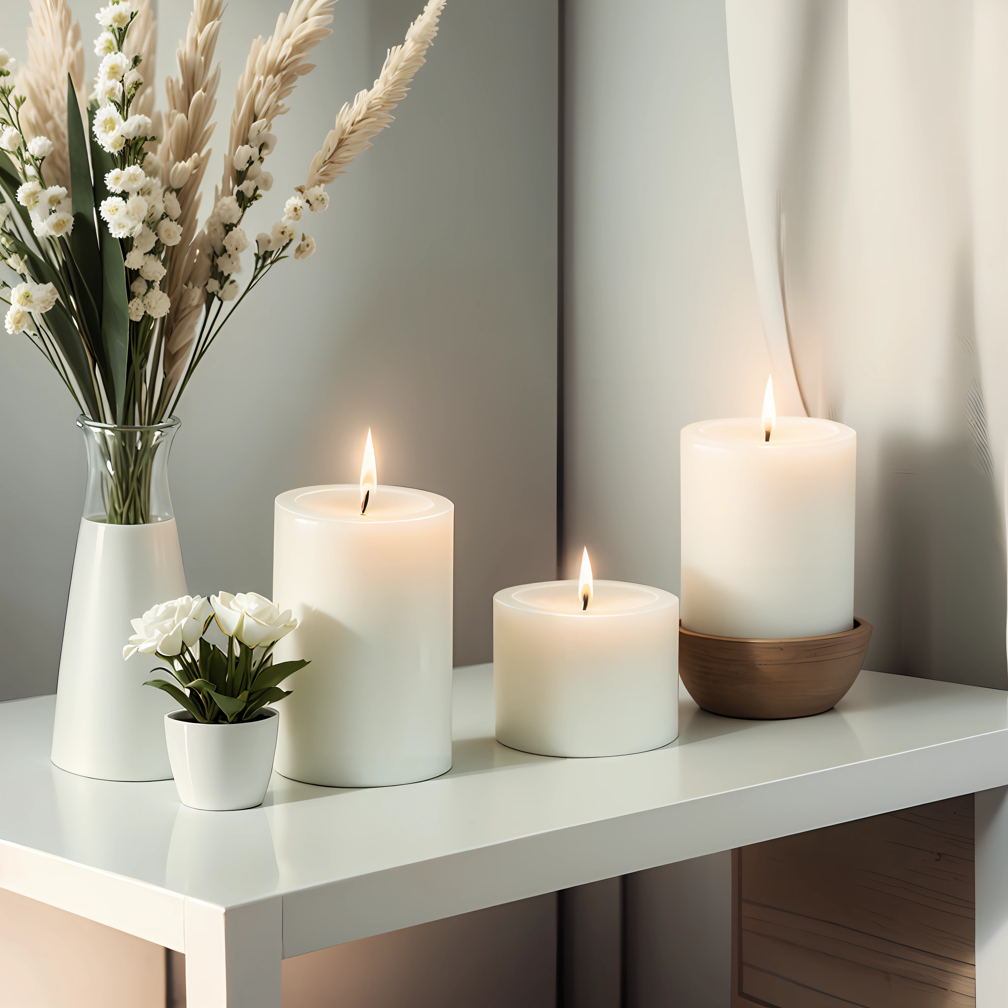Aromatic candles, white vase on top of a table, minimalist room --auto --s2