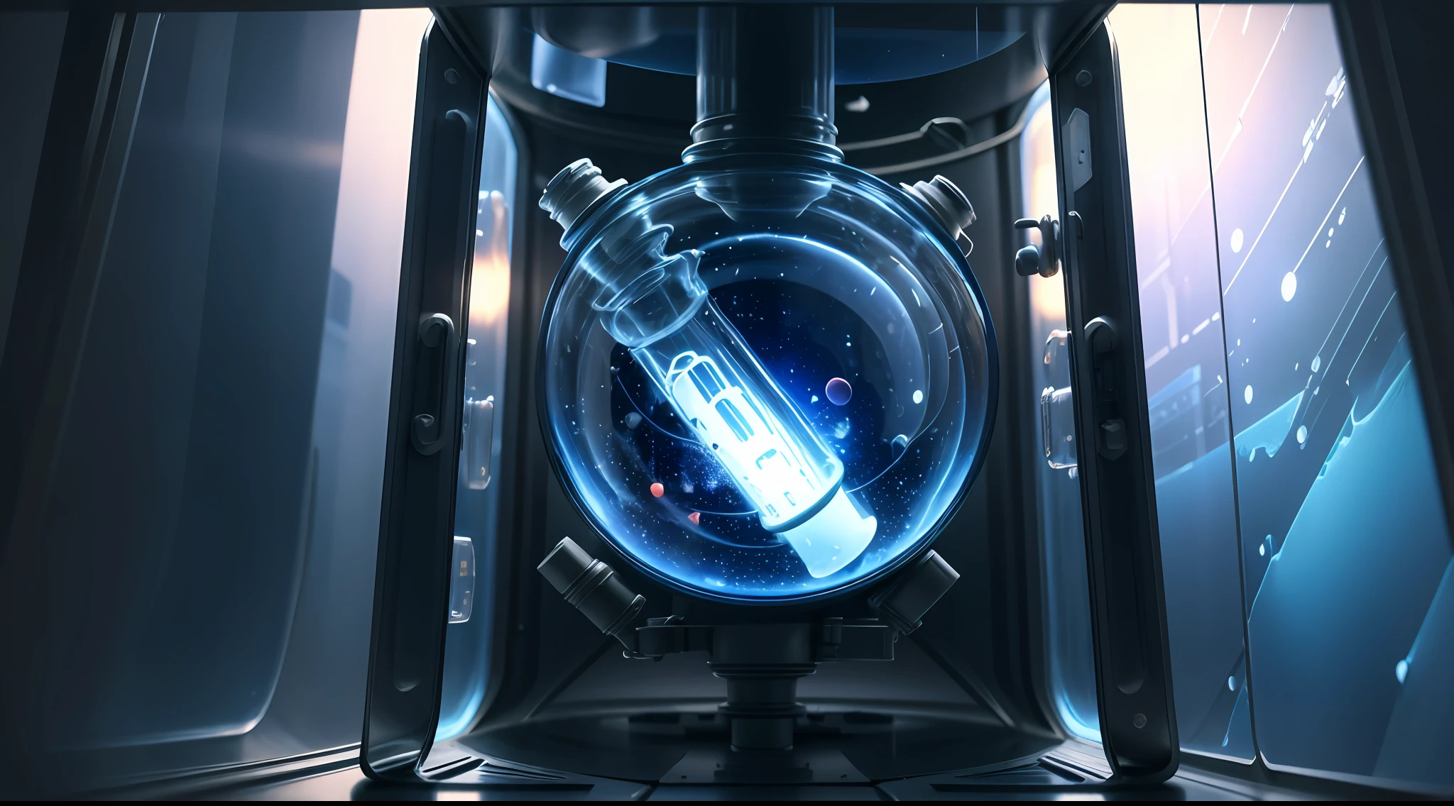 space station, Inside the capsule, corners, Small glass jar device, Vertical glass walls, Connect the device, Connect the pipes, The jar has blue glowing particles, Conceptual art, Futurism, Surrealism, high detail, cinematic lighting, close-up, super detail, UHD --auto --s2