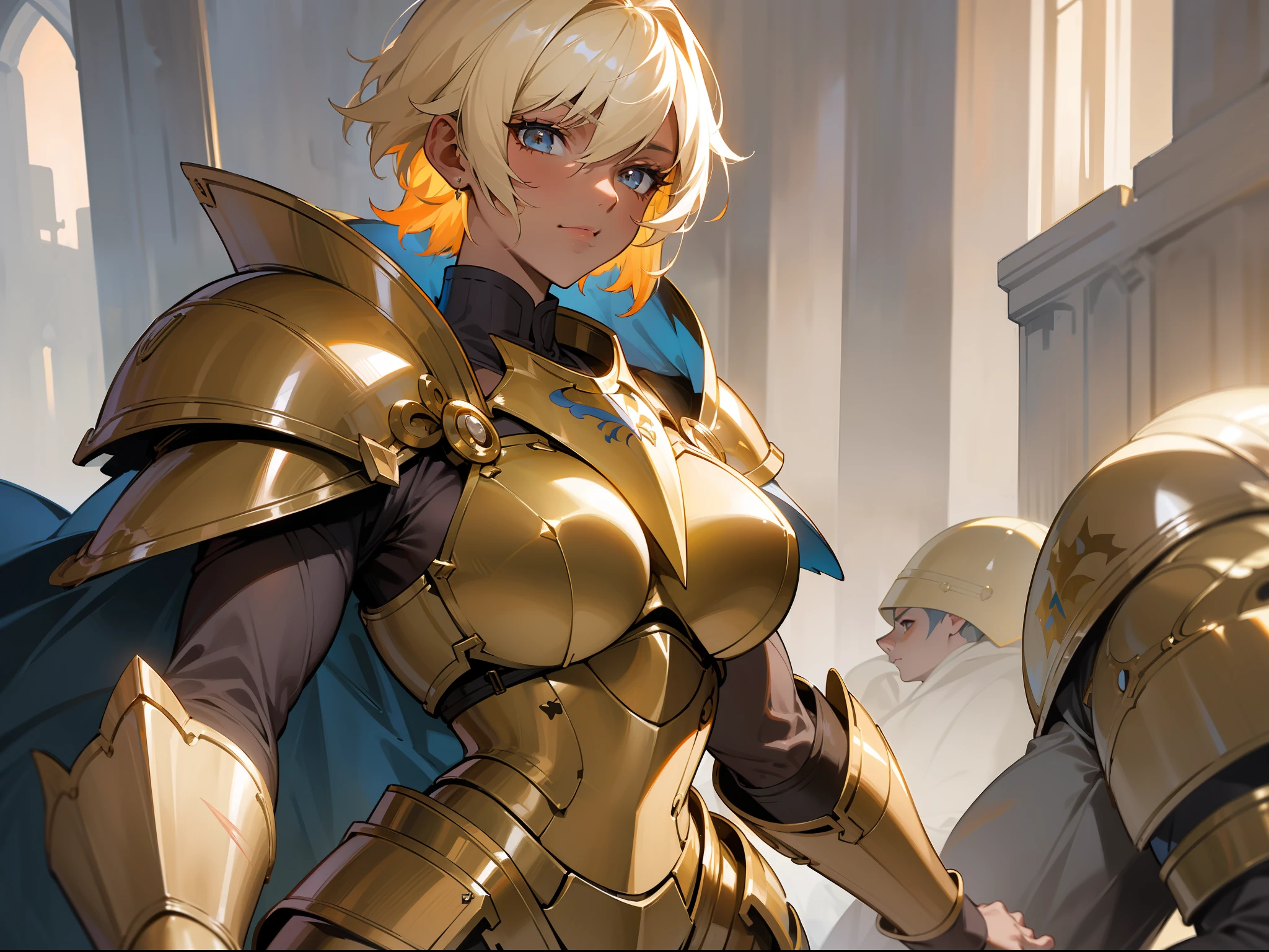 masterpiece, best quality, mature woman, scar on face, light beige short hair, dark skin, light eyes, paladin, orange golden heavy armor, breastplate, large shoulder pads, fantasy, medieval, in a battle arena, dynamic pose, beautiful detailed glow.
