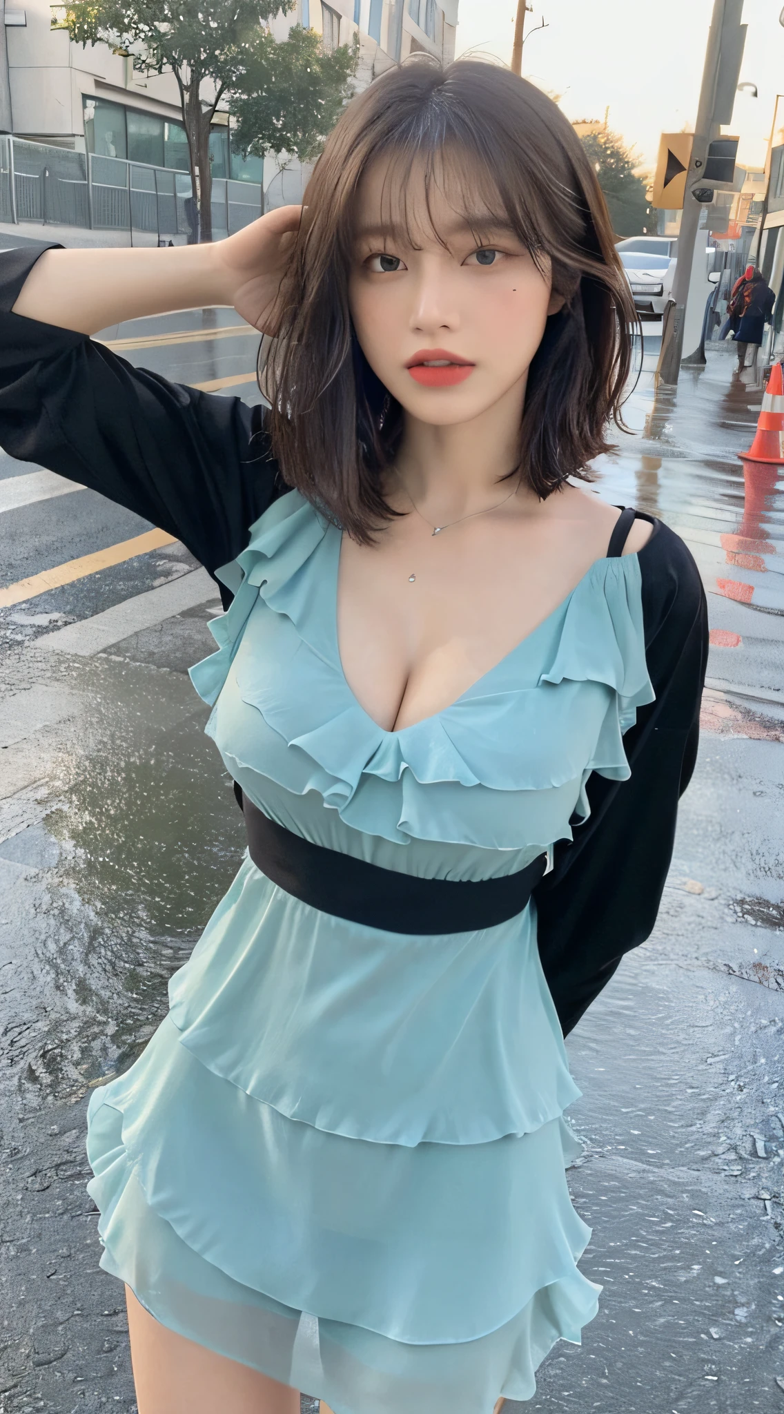 ((Best Quality, 8k, Masterpiece:1.3)), Focus:1.2, Perfect Body Beauty:1.4, Buttocks:1.2, ((Layered Haircut, Breasts:1.2)), (Wet Clothes:1.1) , (Rain, Street:1.3), Bandeau Dress: 1.1, Highly Detailed Face and Skin Texture, Fine Eyes, Double Eyelids, Whitened Skin, Long Hair, (Shut Up: 1.3)