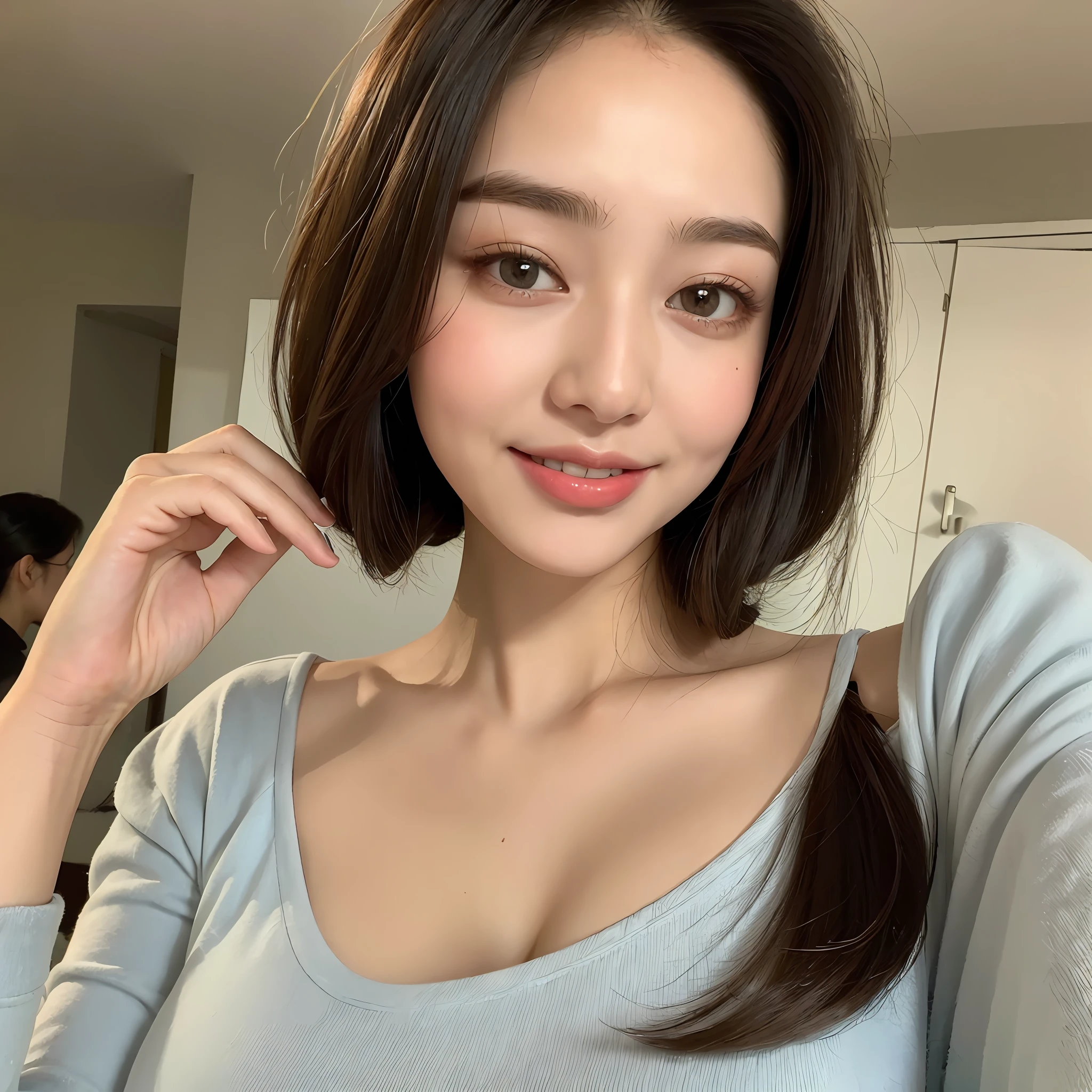 ((Best Quality, 8K, Masterpiece: 1.3)), 1girl, Slim Abs Beauty: 1.3, (Hairstyle Casual, Big Breasts: 1.2), Dress: 1.1, Super Fine Face, Delicate Eyes, Double Eyelids, Smile, Home