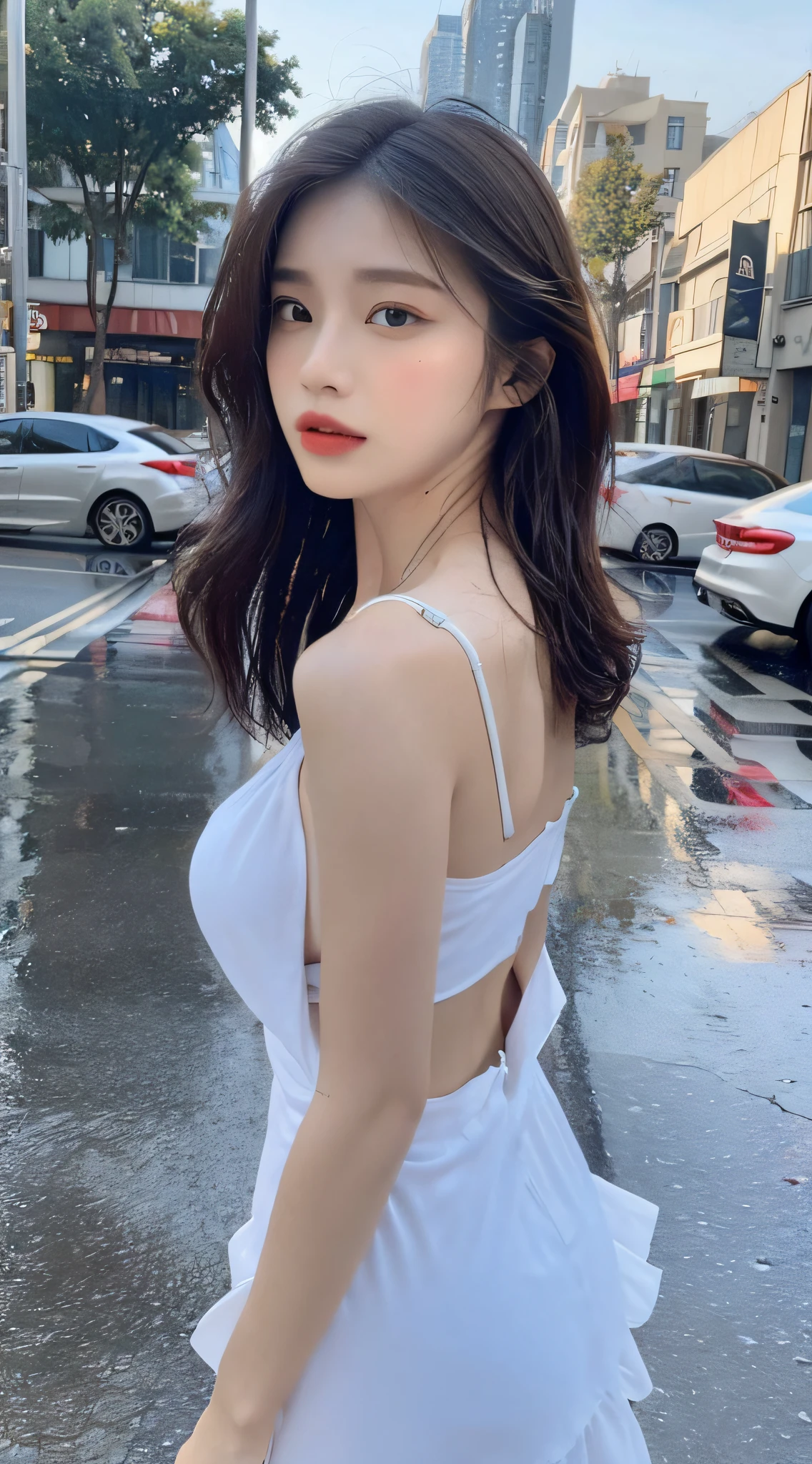 ((Best Quality, 8k, Masterpiece:1.3)), Focus:1.2, Perfect Body Beauty:1.4, Buttocks:1.2, ((Layered Haircut, Breasts:1.2)), (Wet Clothes:1.1) , (Rain, Street:1.3), Bandeau Dress: 1.1, Highly Detailed Face and Skin Texture, Fine Eyes, Double Eyelids, Whitened Skin, Long Hair, (Shut Up: 1.3)
