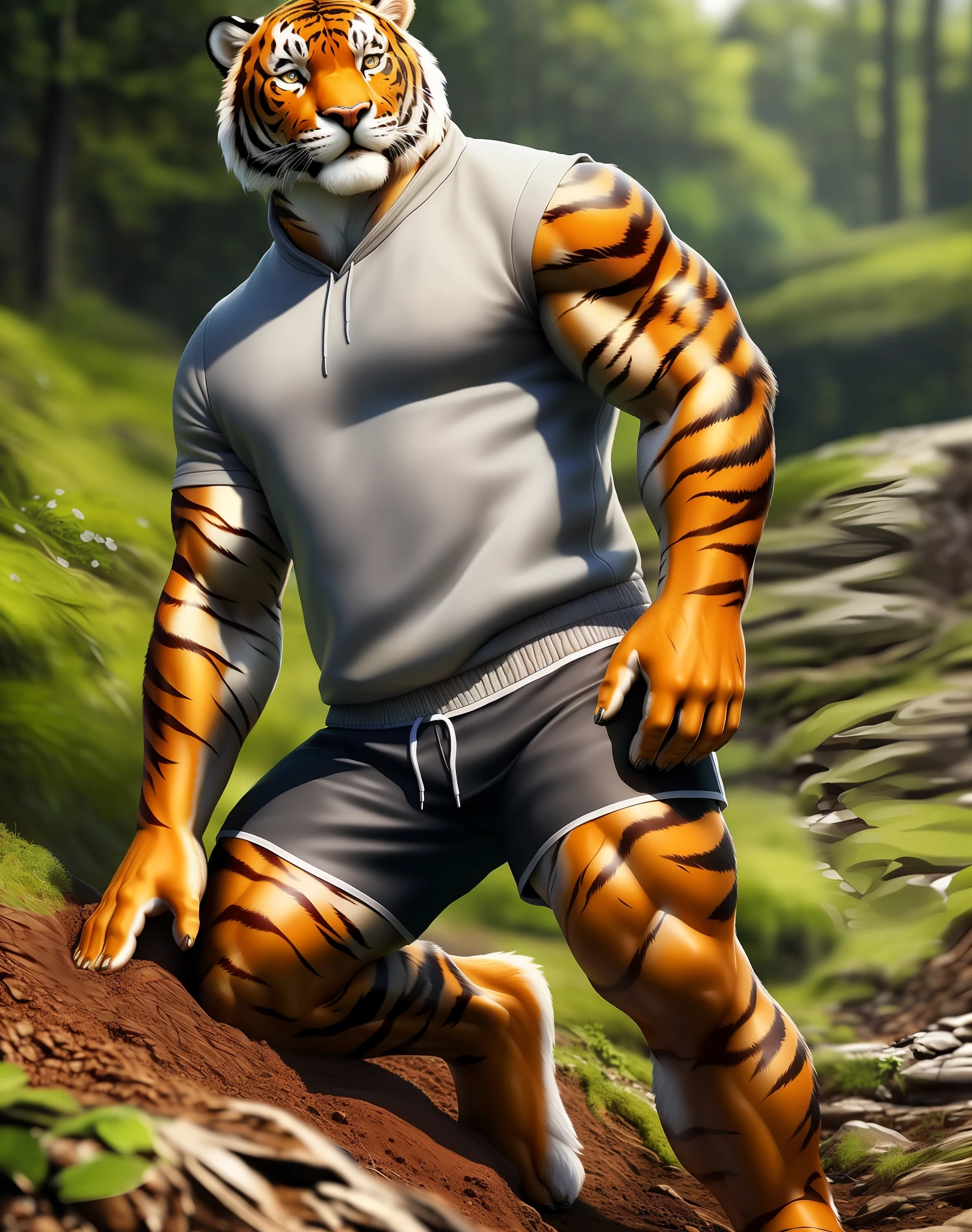 den (Siberian tiger), (detailed skin, detailed skin texture: 1.2), adult, male, muscular, soil, shorts, sweatshirts, tail, detailed background, wild background, photorealistic, hyper realistic, ultra detailed,