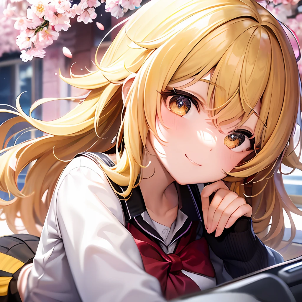 Absurdity, {{yellow motif}}, {image yellow}, {image of determination, resolve}, {January 8, night city}, {smile}, {(real: 0.75)}, {make up your mind}, hi-res, texture, {3D hdtv background night} {cherry blossom tree-lined path} {cherry blossom scattering} {sexy woman} {{yellow longhair}} {super high quality} {super awesome} {skirt} {knee-high socks} { School Uniform} {Blazer} {Night Sky} {Clearly depicts small white light reflections in the pupils, which adds depth to the pupils} {Full Body} {Mature Attractive Women} {Best Detail Eyes} {Super Definition Masterpiece Best Quality: 1.2 4DCG High Quality} {Break (Crystal: 1.3), focusing on girls, shining, highly detailed faces and eyes} {Break Bright color contrast catches the eye and blur effect adds depth} {Subject's hair color yellow}