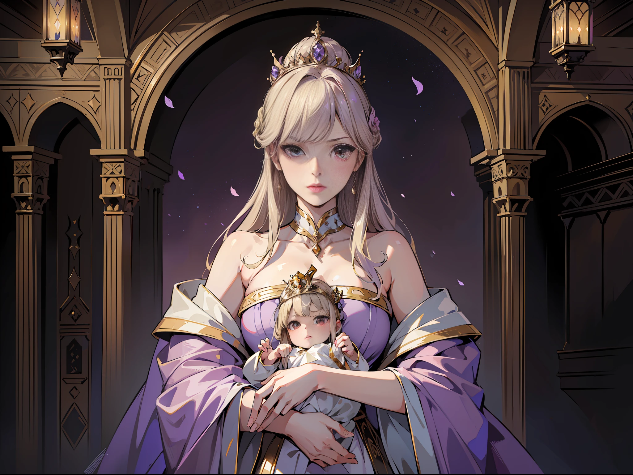 (absurd, high resolution), (panorama), a woman, mature, beautiful, tall, queen's dress, lilac complex dressed, exquisite, brown eyes, pale blonde hair, silver crown on the head, irritated, serious, in the palace, magical, antique style, holding a baby,
