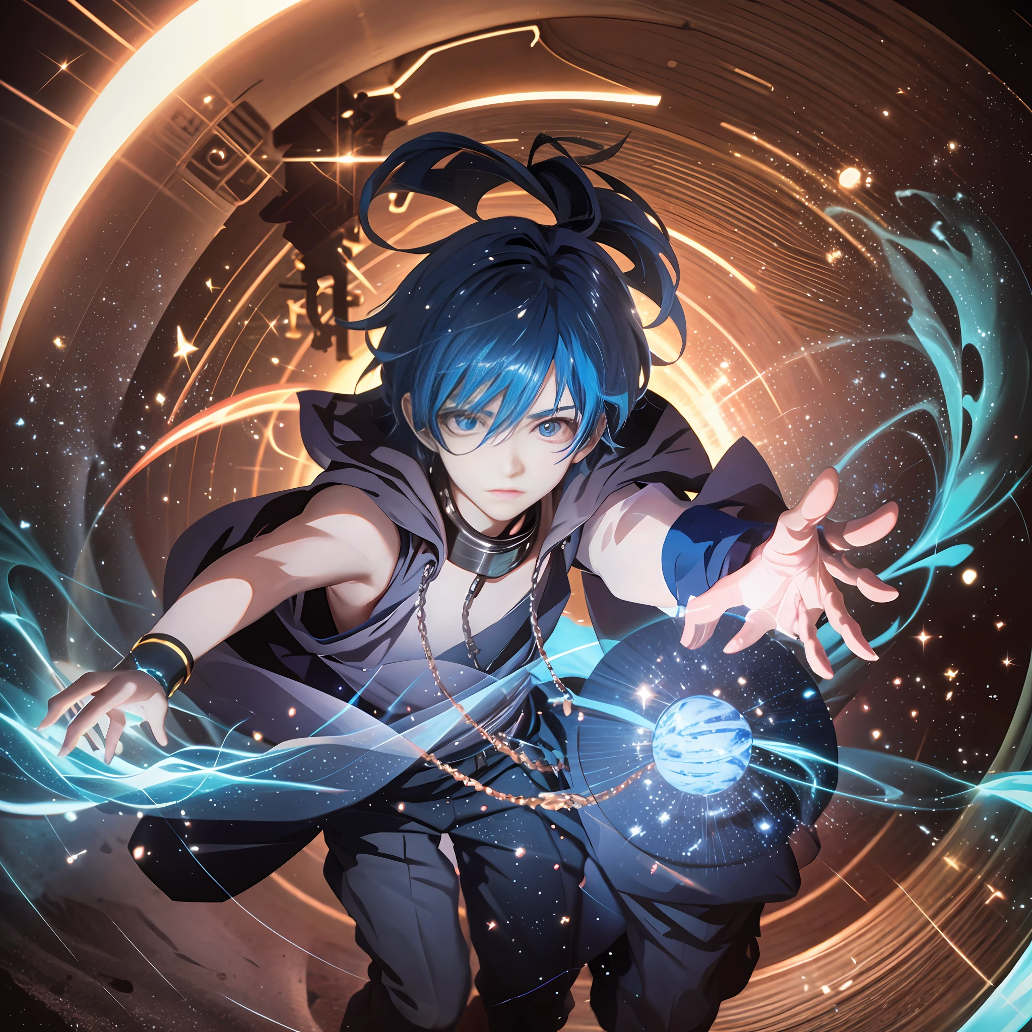 An electric ball of light, blue light, anime boy, hands outstretched
