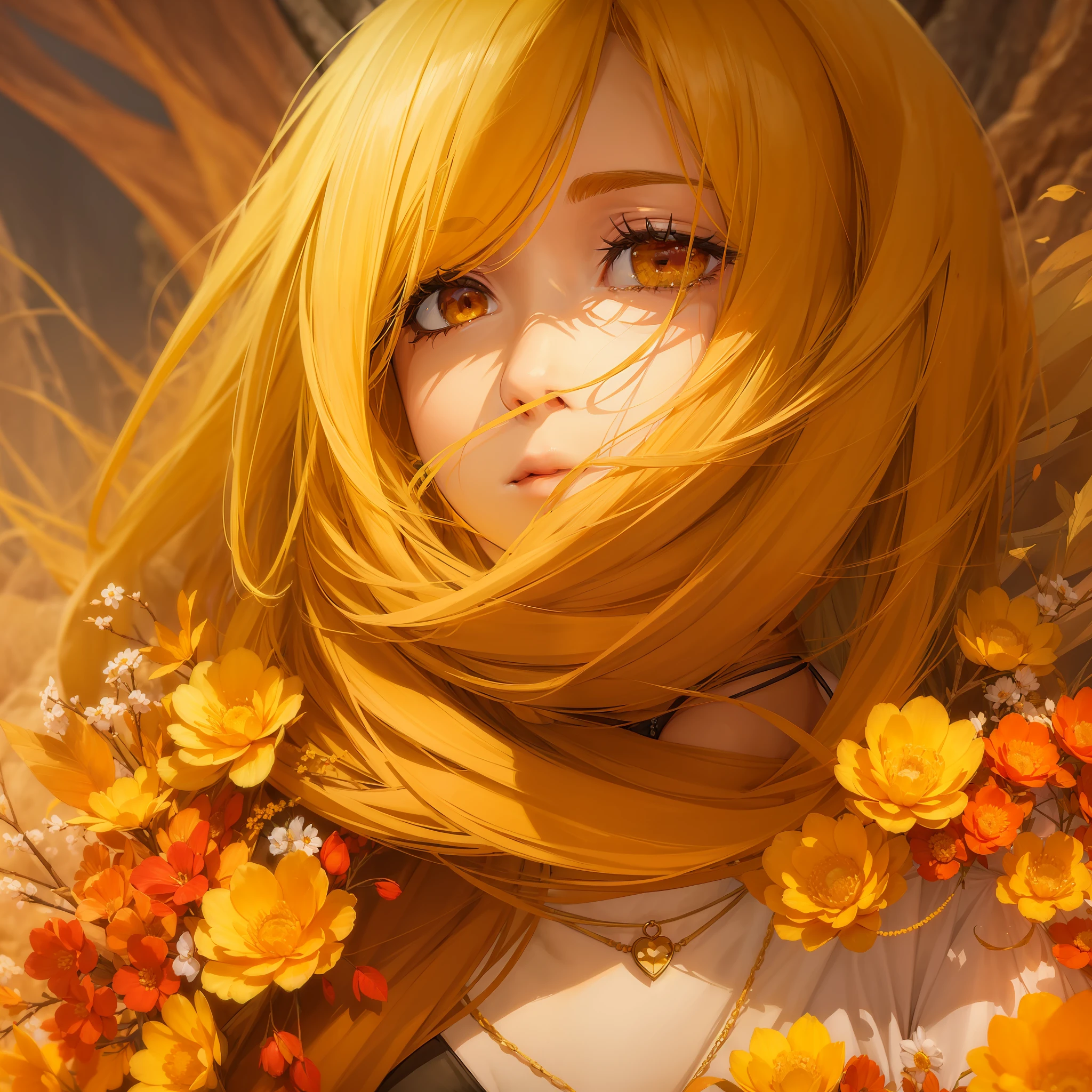 Masterpiece, (Woman 1:1.7), Autumn Dusk, Fox Personification, Yellow Skin, Yellow Hair, White Dress, (Red Higan Flower: 1.4), Crying, Ghibli, (Valley: 1.5), Necklace,