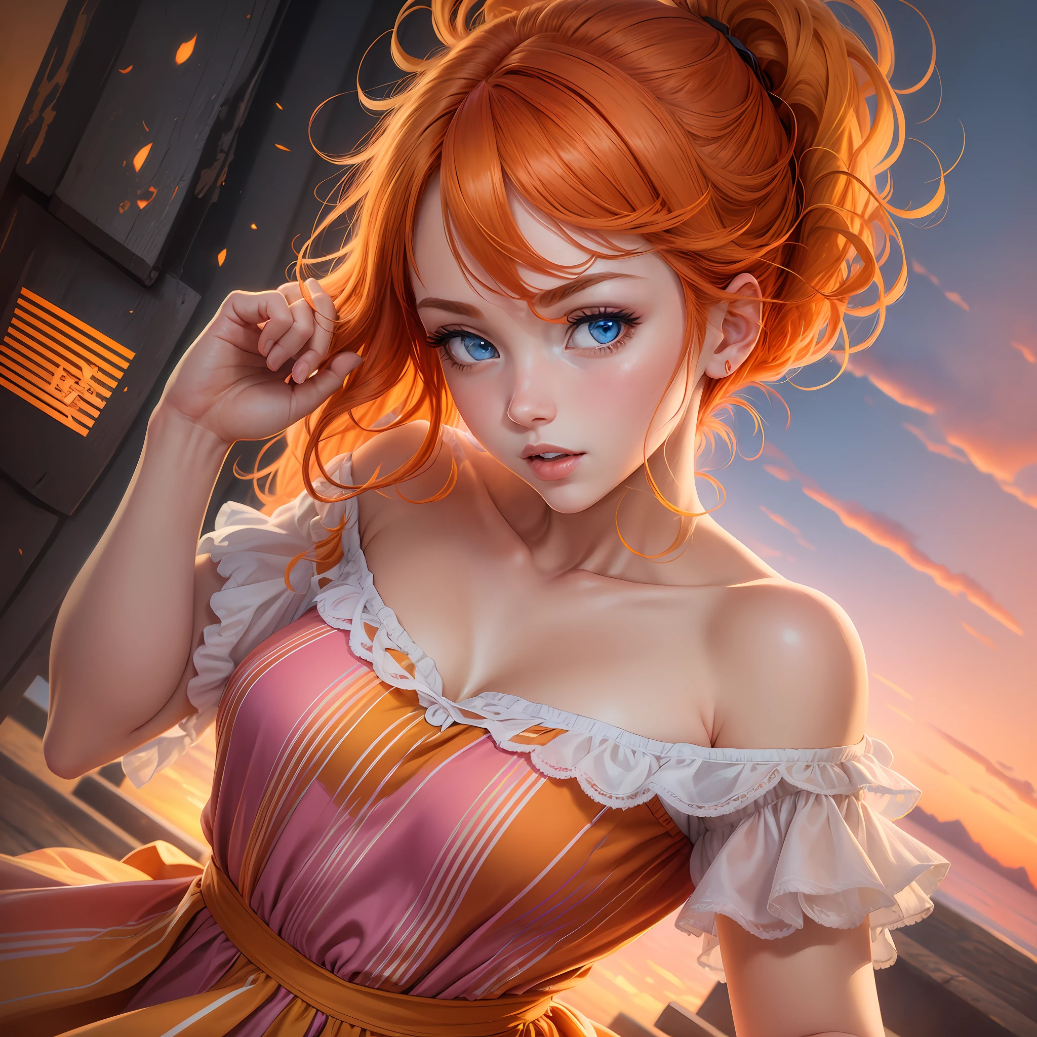 High quality JK artwork, clear and detailed, bright light and shadow, dynamic angle, lively expression, blue eyes, (red hair, yellow hair: 1.2 + orange hair: 1.3) color matching, pink dance dress up, sweet face, shot outdoors, soft scenery, sunrise or sunset background effect, pink color filter. --auto --s2