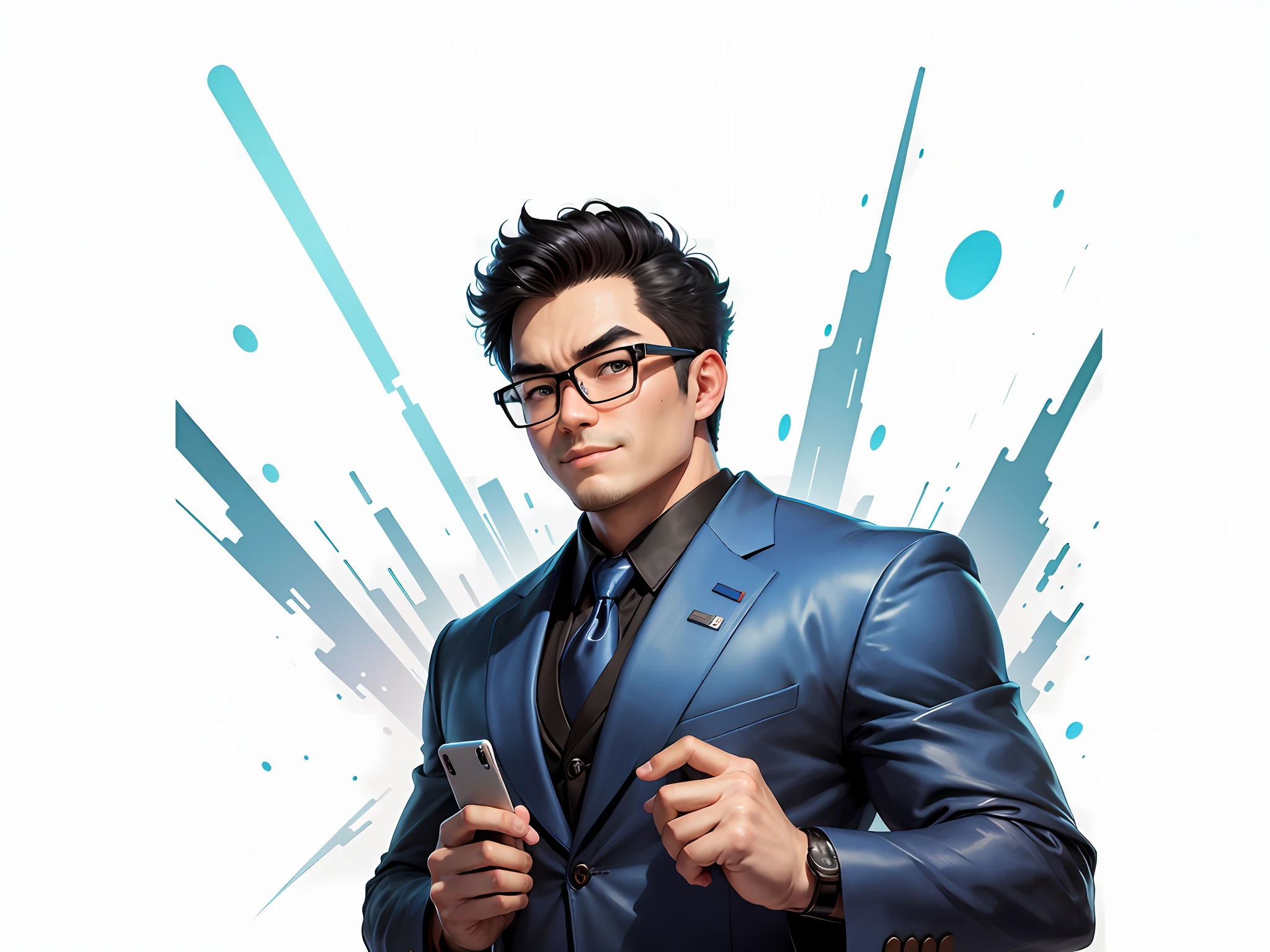 (Masterpiece), (Excellent), (Super Meticulous), (Full Body: 1.2), Super Young Man, Oriental Face, Japanese Kimono, Japanese Wind Thunder God, Dragon, Tiger, TV Anchor, Bust Portrait Illustration, Alone, Black Suit, Blue Tie, Slightly Chubby Face, Silver Glasses, Very Clean Face, No Beard, Black Super Short Hair, Black Eyes, Confident Smile, 3c Computer Sub-Products, iPad, iPhone, Digital Painting, 3D Character Design by Akira Toriyama and Mark Claireden and Pixar and Hayao Miyazaki, The illustration is a high-definition illustration in 4K resolution with very detailed facial features and cartoon-style visuals.