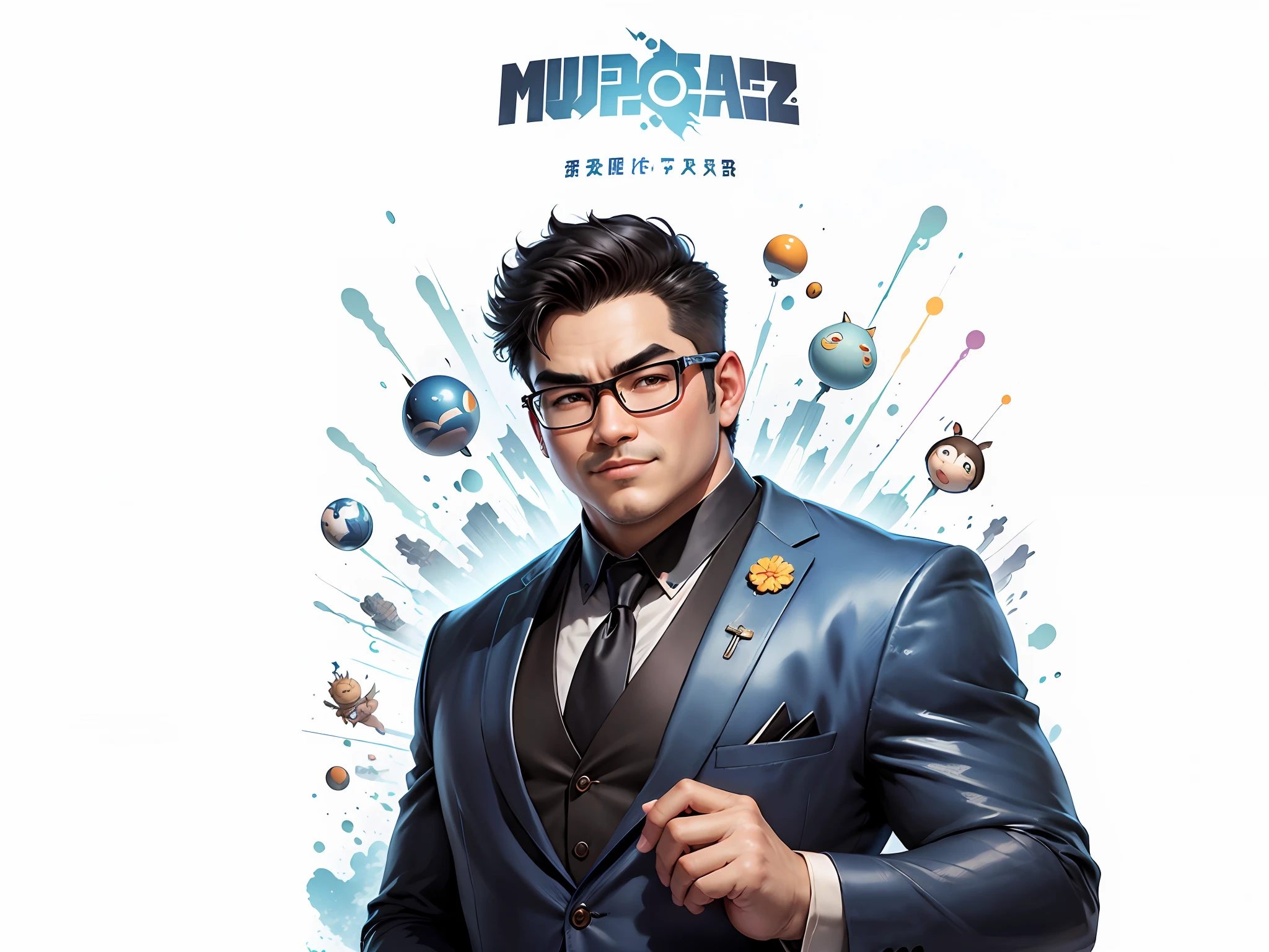 (Masterpiece), (Excellent), (Super Meticulous), (Full Body: 1.2), Super Young Man, Oriental Face, Japanese Kimono, Japanese Wind Thunder God, Dragon, Tiger, TV Anchor, Bust Portrait Illustration, Alone, Black Suit, Blue Tie, Slightly Chubby Face, Silver Glasses, Very Clean Face, No Beard, Black Super Short Hair, Black Eyes, Confident Smile, 3c Computer Sub-Products, iPad, iPhone, Digital Painting, 3D Character Design by Akira Toriyama and Mark Claireden and Pixar and Hayao Miyazaki, The illustration is a high-definition illustration in 4K resolution with very detailed facial features and cartoon-style visuals.
