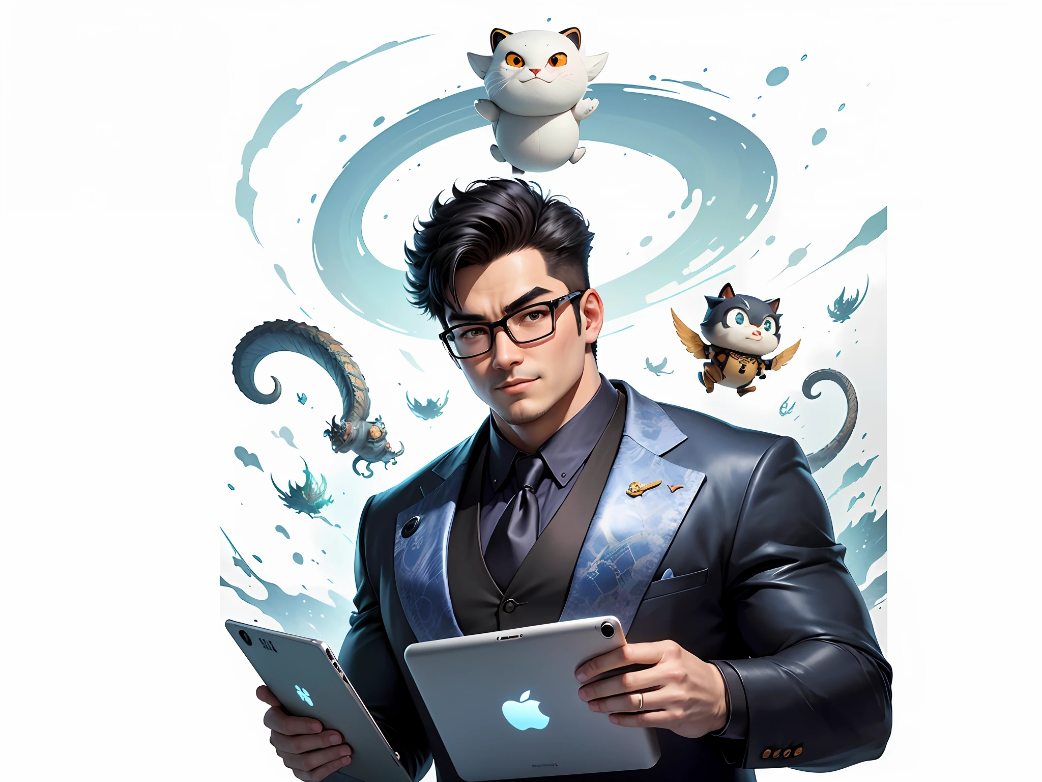 (Masterpiece), (Excellent), (Super Meticulous), (Full Body: 1.2), Super Young Man, Oriental Face, Japanese Kimono, Japanese Wind Thunder God, Dragon, Tiger, TV Anchor, Bust Portrait Illustration, Alone, Black Suit, Blue Tie, Slightly Chubby Face, Silver Glasses, Very Clean Face, No Beard, Black Super Short Hair, Black Eyes, Confident Smile, 3c Computer Sub-Products, iPad, iPhone, Digital Painting, 3D Character Design by Akira Toriyama and Mark Claireden and Pixar and Hayao Miyazaki, The illustration is a high-definition illustration in 4K resolution with very detailed facial features and cartoon-style visuals.