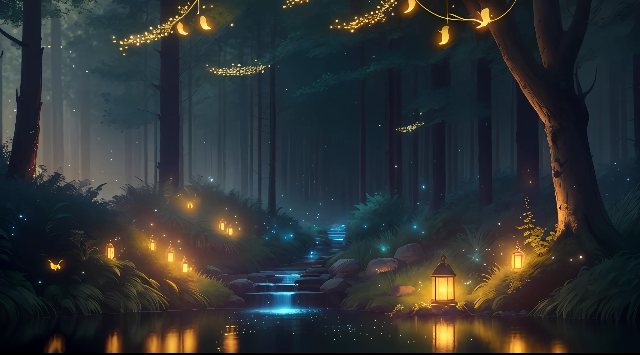 Masterpiece, best quality, (very detailed CG unity 8k wallpaper), (best quality), (best illustration), (best shadows), glow sprite, with a glowing deer, in the swimming pool Drinking water, natural elements in the forest theme. Mysterious forest, beautiful forest, nature, surrounded by flowers, delicate leaves and branches surrounded by fireflies (natural elements), (jungle theme), (leaves), (twigs), (fireflies), (particle effects) etc. 3D , Octane rendering, ray tracing, super detailed