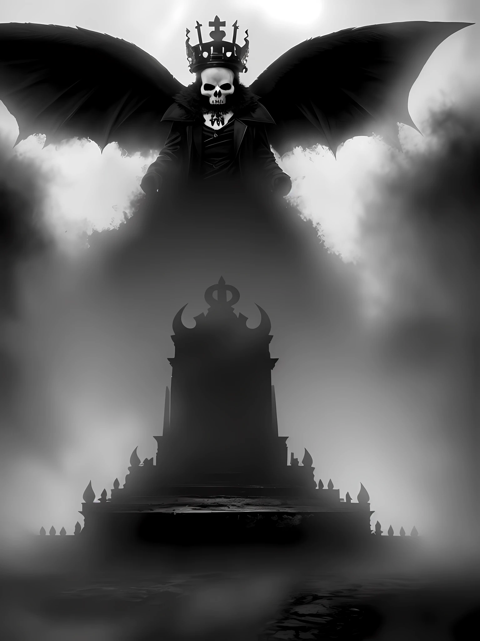 (((background))), (black and white:1.2), (death:1.2), (hell:1.2), (demon), (wallpaper), (crown), (fog)