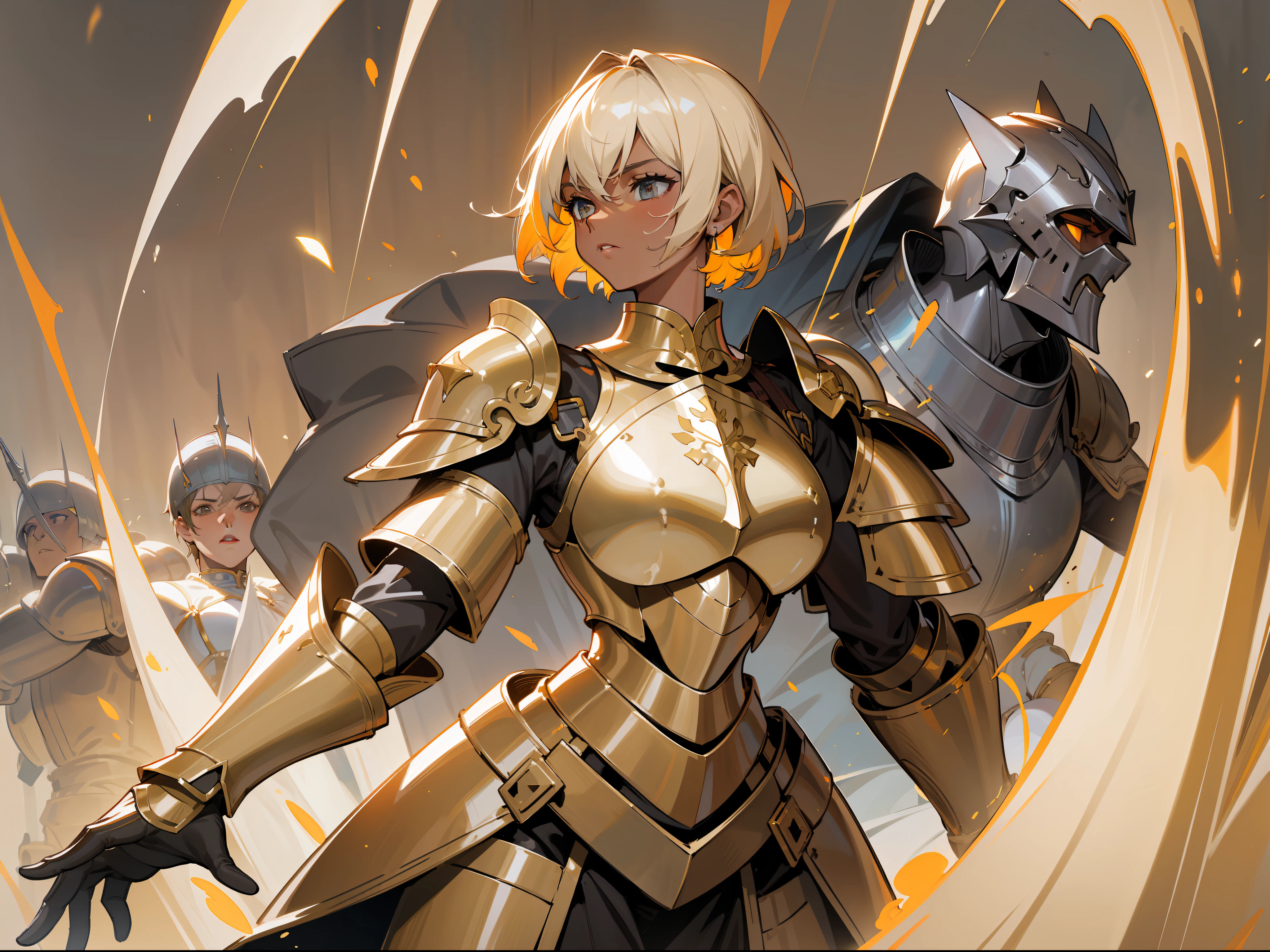 masterpiece, best quality, mature woman, light beige short hair, dark skin, light eyes, paladin, orange golden heavy armor, breastplate, large shoulder pads, fantasy, medieval, in a battle arena, dynamic pose, beautiful detailed glow.