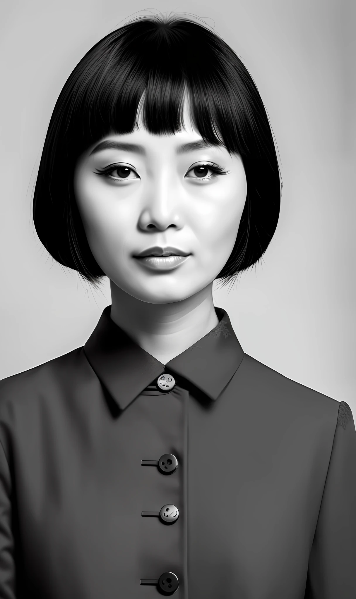40 years old Chinese woman black and white photo, black clothes, Sassoon hairstyle, face, portrait, straight body, high detail skin, skin pores, white background, 8k uhd, DSLR camera, soft light, high quality, film grain, Fujifilm XT3
