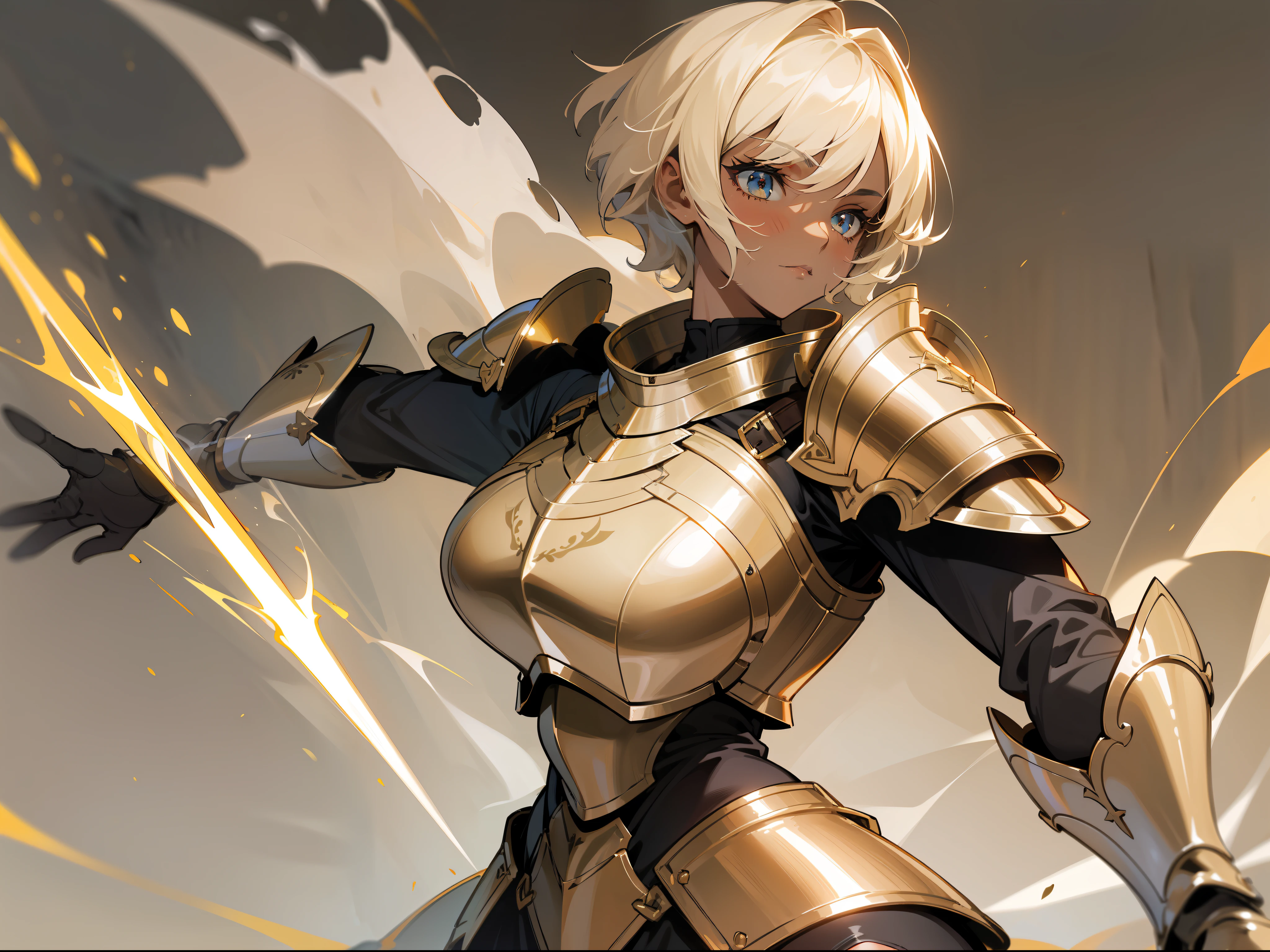 masterpiece, best quality, mature woman, light beige short hair, dark skin, light eyes, paladin, orange golden heavy armor, breastplate, large shoulder pads, fantasy, medieval, in a battle arena, dynamic pose, beautiful detailed glow.