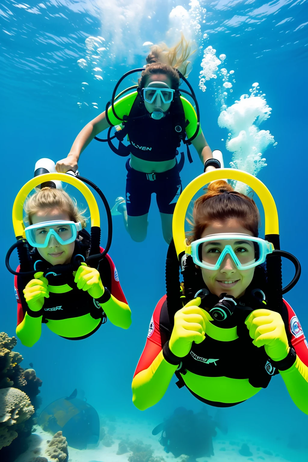Girls dive with gas cylinders on their backs and scuba diving with flippers