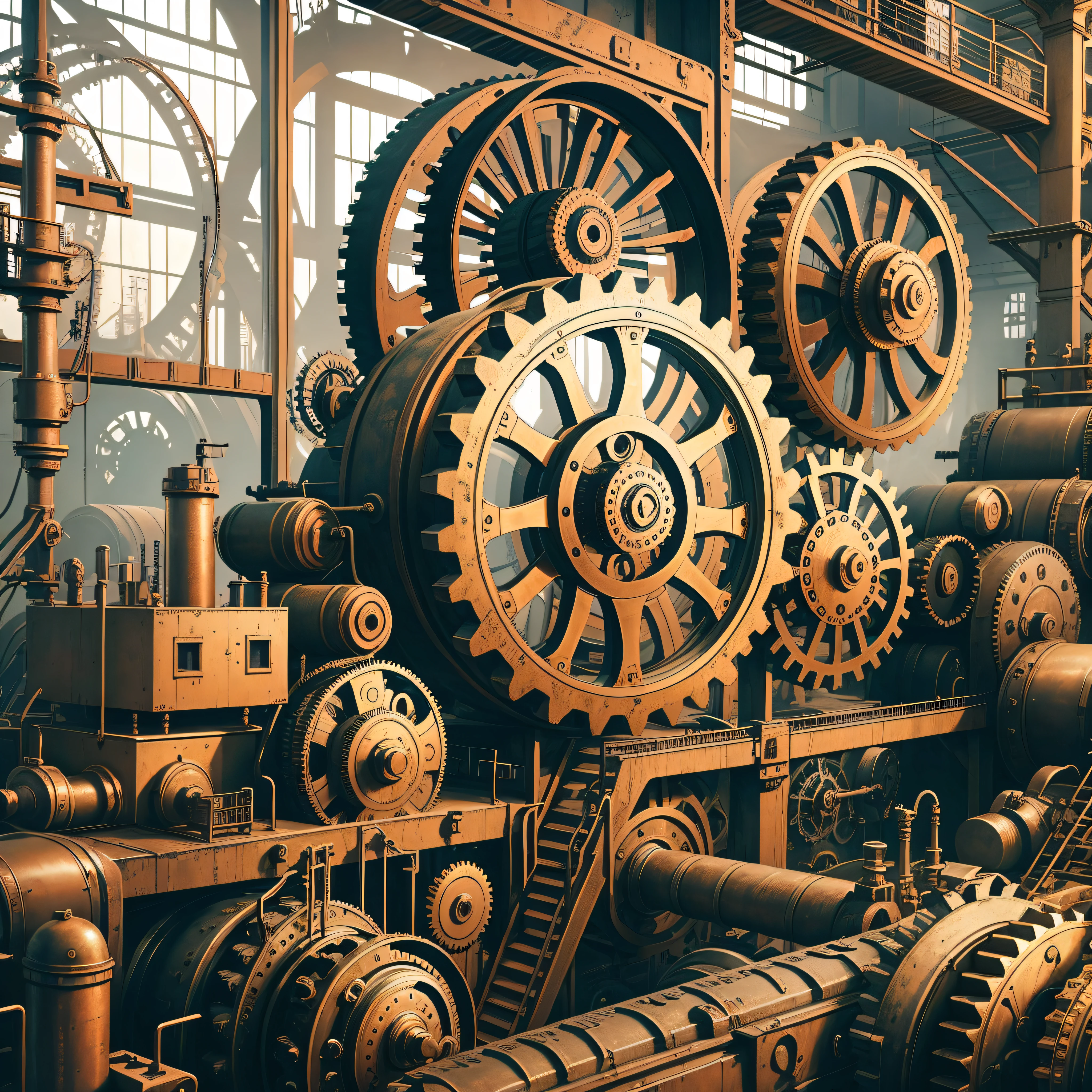 steampunk scene, old factory with machines with many gears --auto --s2
