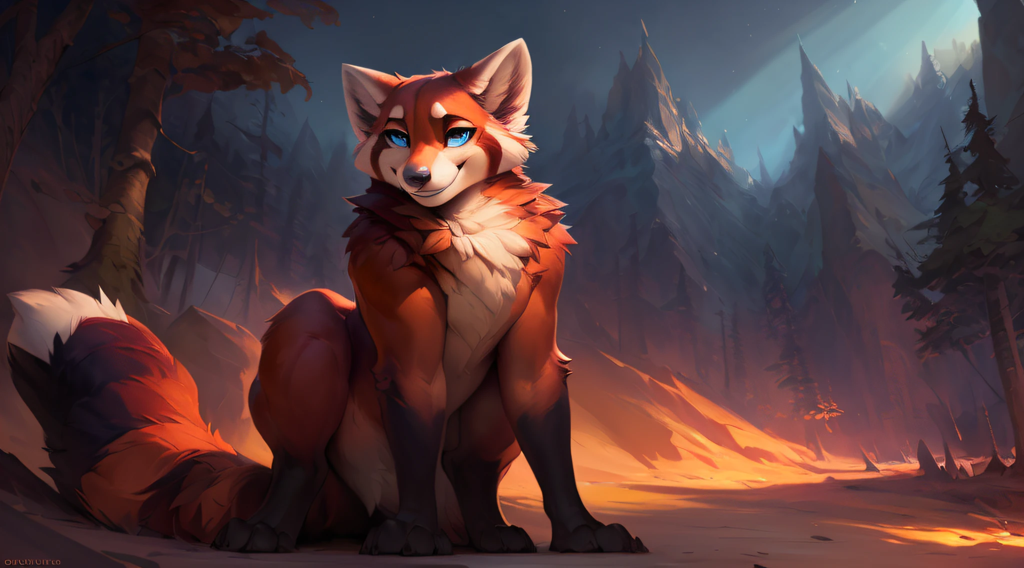 uploaded the e621, by Pixelsketcher, by Bayard Wu, by Thomas Benjamin Kennington , by Einshelm, solo (((wild))), red panda ((taur)) with (fluffy tail) and ((light navy blue eyes)), male, ((only)) male, ((male only)), (bulky chest)), ((fluffy neck)), ((portrait)), (detailed Bonifasko lighting), (detailed skin), (cinematic lighting), (detailed background)), [twilight ray], [detailed ambient light], [ambient light on belly],  (greater wildlife detail of wildlife), [explicit content], [sharp focus], (questionable content), front view, sitting, artistic genitalia, (shading), fluffy tail, relaxed tail, fluffy tail, ((masterpiece)), (detailed skin), ((detailed skin), ((seductive smile)), dynamic pose, ((seductive pose)), erect member, erect, erect