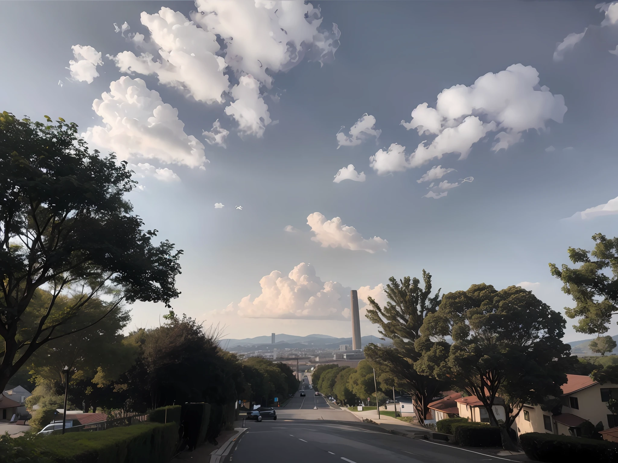 Focus on depicting the sky and pavement Optimize the roadside pedestrians, keep the roadside architecture consistent, and the large chimney at the end of the road needs to be repainted --auto --s2