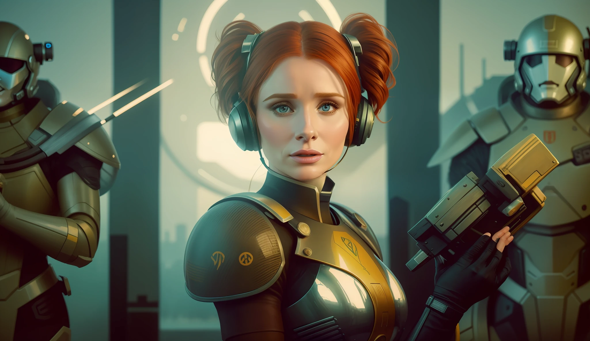 a painting of a woman (Bryce Dallas Howard) wearing a helmet surrounded by other women, an ultrafine detailed painting by Don Maitz, cgsociety, retrofuturism, sci-fi, dystopian art, ilya kuvshinov