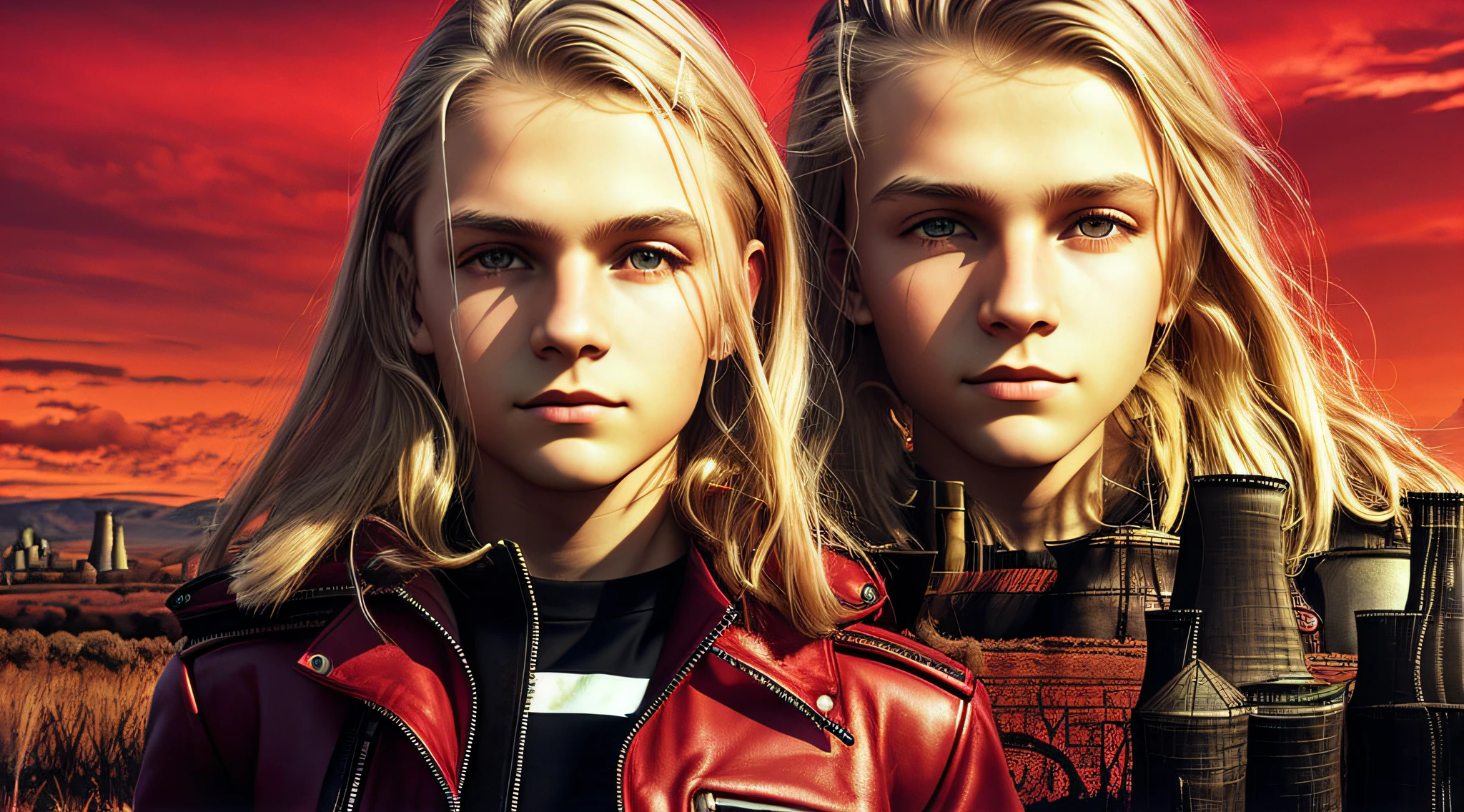 CHILD BOY, PORTRAIT, WITH LONG BLOND HAIR, WITH RED LEATHER JACKETS AND BLACK CLOTHING, nuclear power plant with radioactive barrels in a field, nuclear wasteland, nuclear waste, post-nuclear fallout, future of nuclear energy, nuclear fallout, radioactive wasteland, nuclear energy, nuclear power, nuclear reactor, nuclear aftermath, post-nuclear, nuclear power plant, nuclear, radioactive particles, nuclear art, toxic waste, polluted, radioactive peak field, pollution