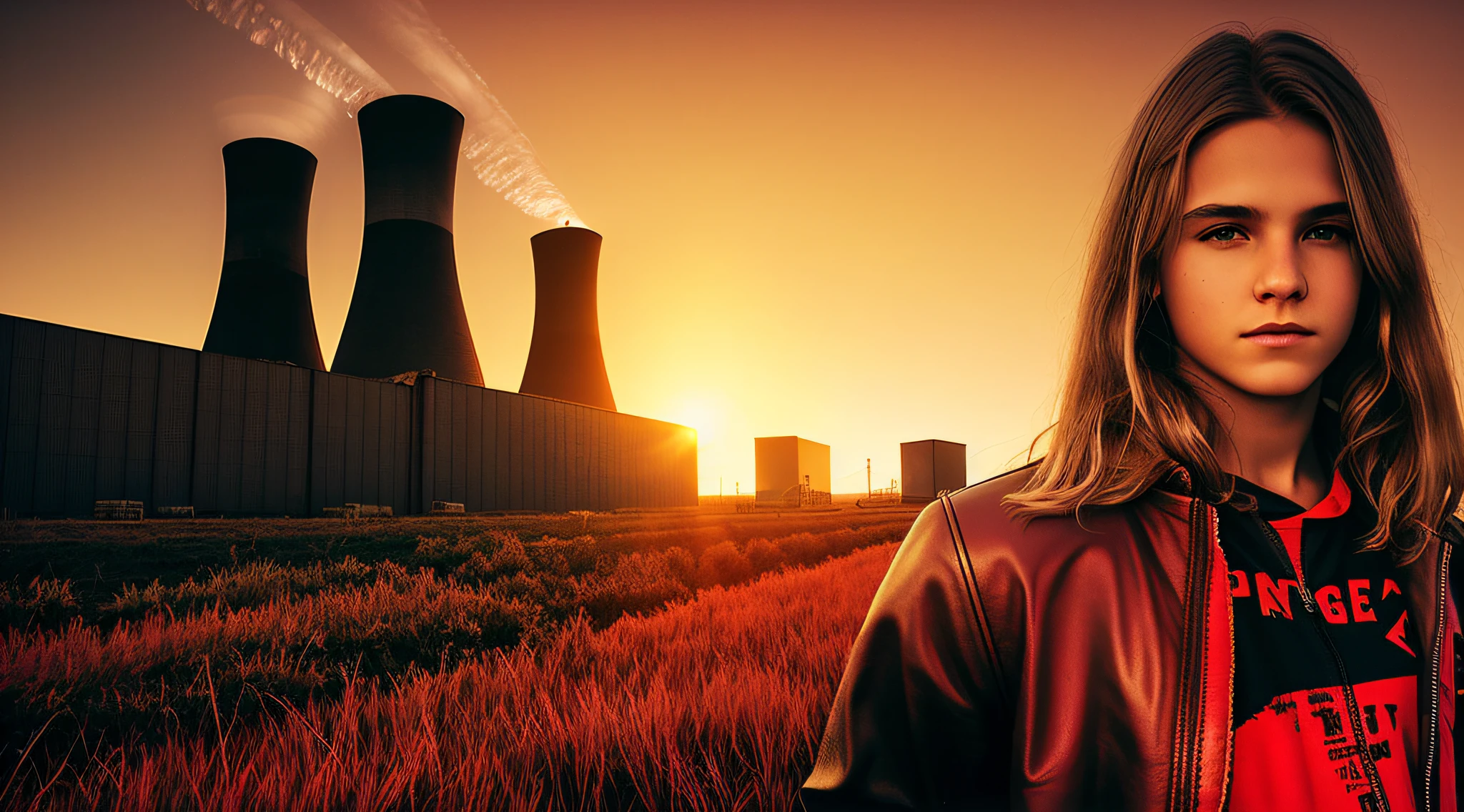 14-YEAR-OLD CHILD BOY, PORTRAIT, WITH LONG BLOND HAIR, WITH RED LEATHER JACKETS AND BLACK CLOTHING, nuclear power plant with radioactive barrels in a field, nuclear wasteland, nuclear waste, post-nuclear fallout, future of nuclear energy, nuclear fallout, radioactive wasteland, nuclear energy, nuclear power, nuclear reactor, nuclear aftermath, post-nuclear, nuclear power plant, nuclear, radioactive particles,  nuclear art, toxic waste, polluted, radioactive peak field, pollution