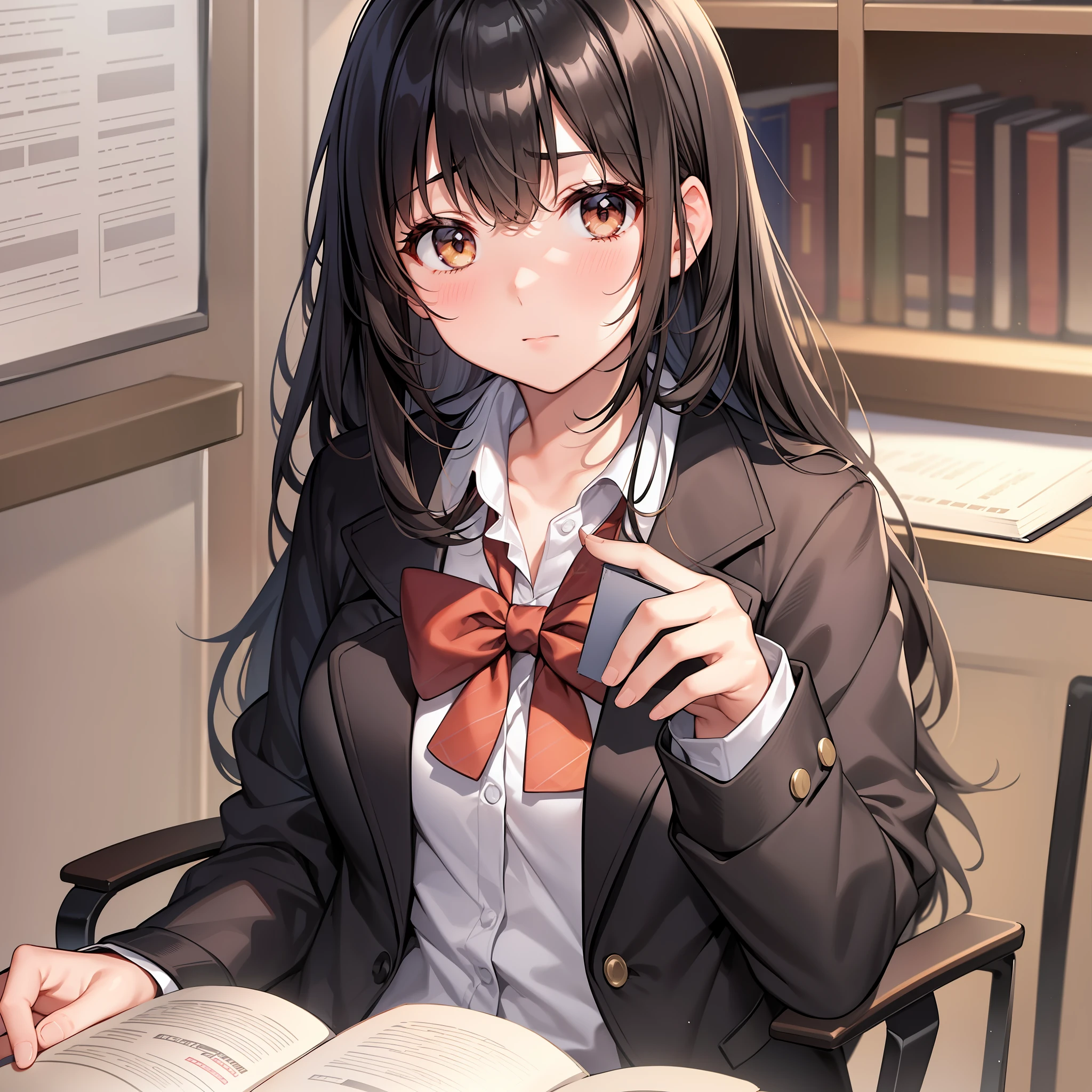 A girl, bangs, black hair, blush, book, bow, brown eyes, chair, desk, eyebrows_visible_through_hair, hair bow, hair, holding book, inside, long hair, over chair, looking at viewer, open book, reading, school uniform, white background