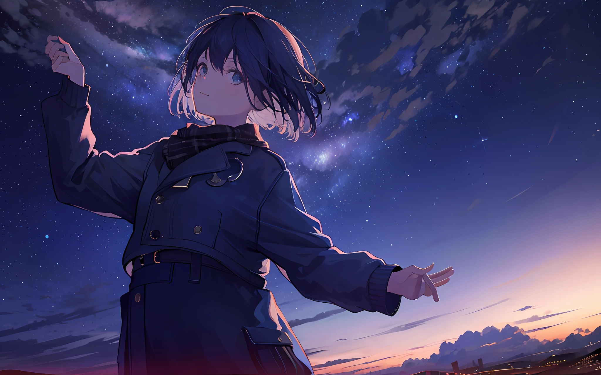1 girl, stretching out her hands, sky, night, looking up, staring at the viewer,