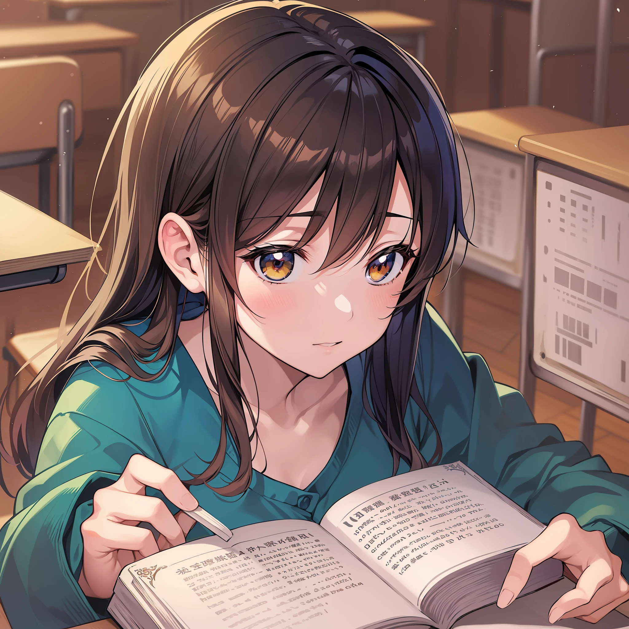"((anime)), remodernism, official art, ((pixiv)), ((a girl reading a book in a classroom)), ((a manga drawing by Kaburagi Kiyokata)), featured on pixiv."