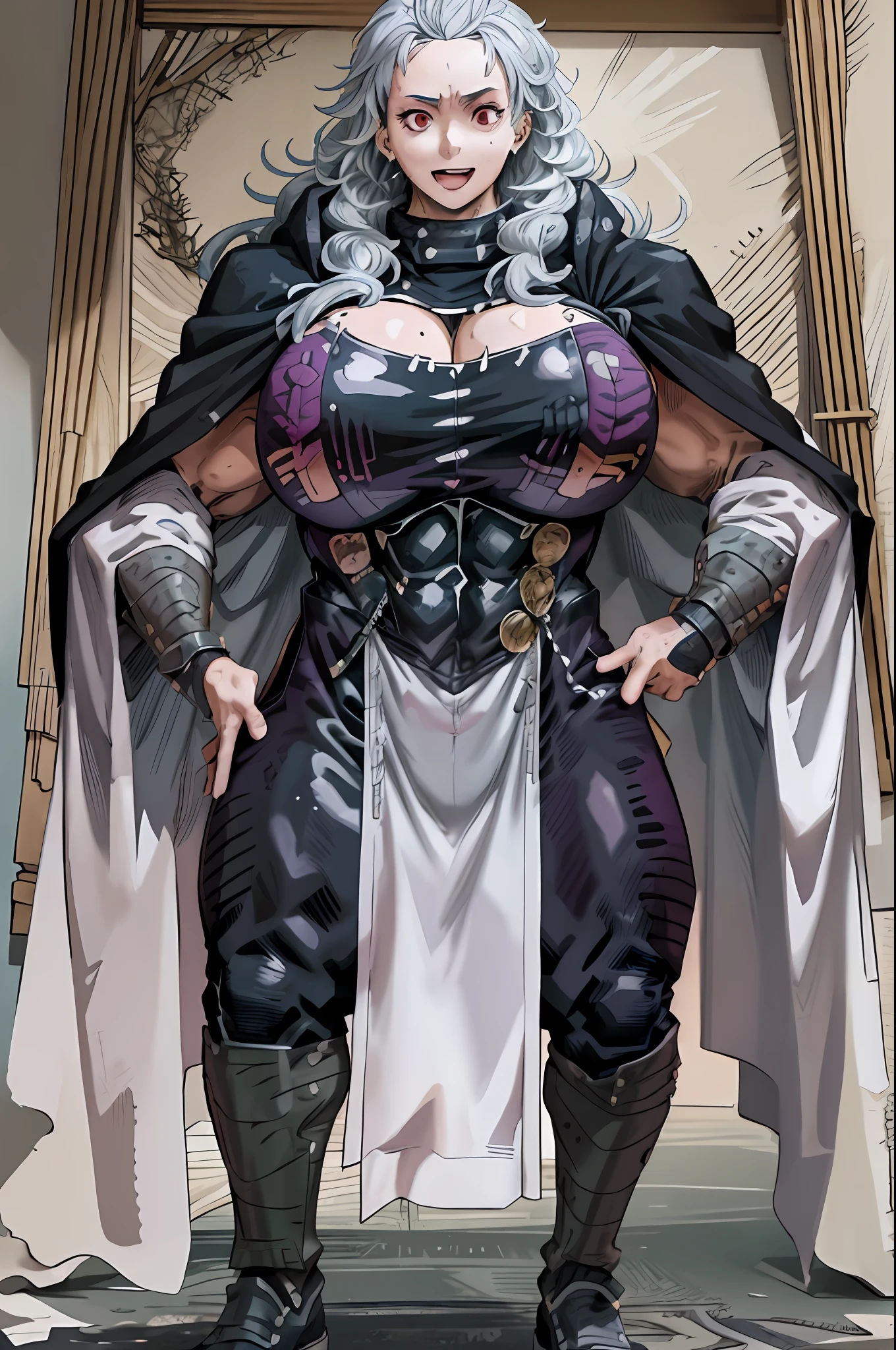 noi_dorohedoro, noi, muscular girl, huge chest, tall woman, priestess, martial art, modest, fully clothed, bent,, pants, cloak, priestess, holy, walking, smile, coat, medieval, unmasked