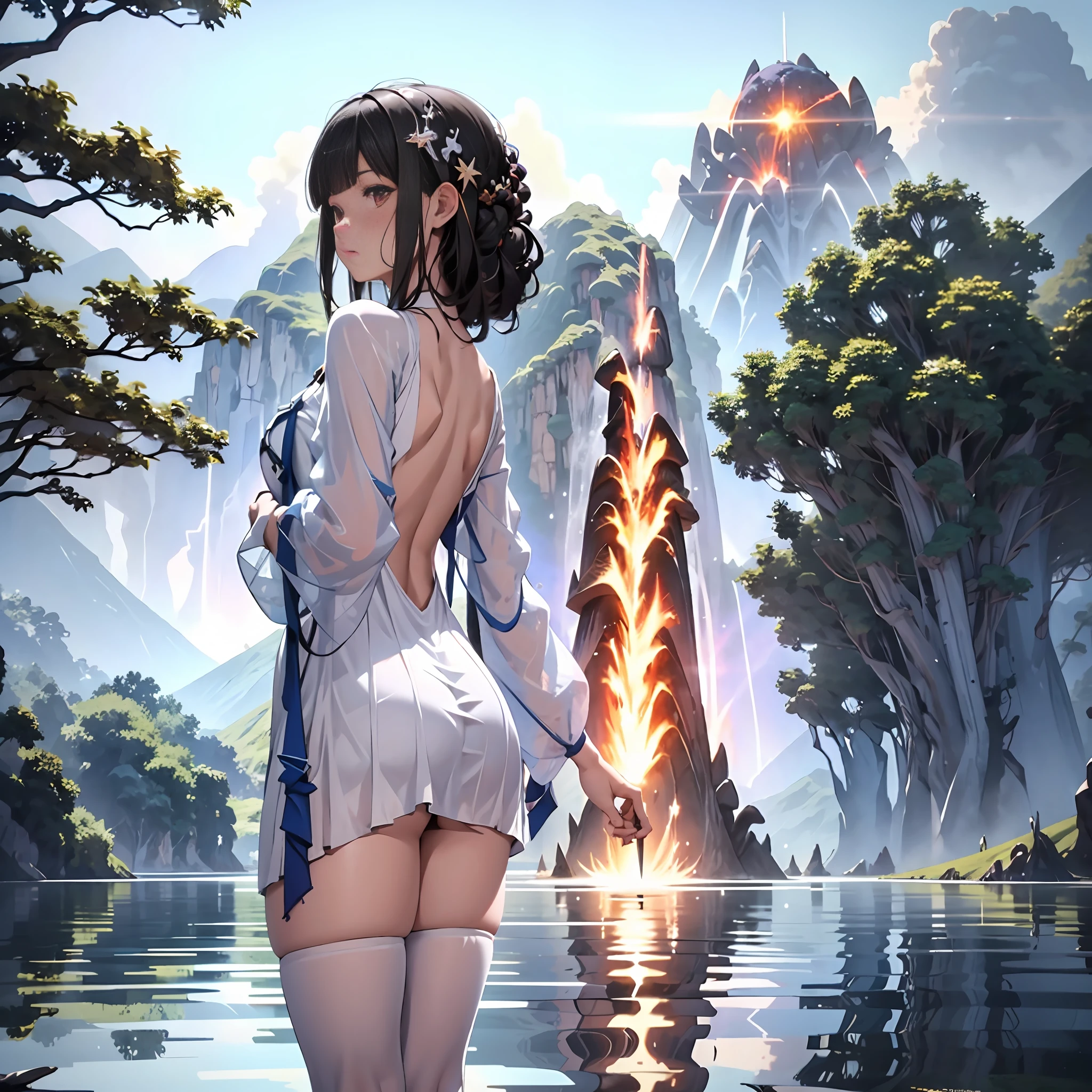 A beautiful energetic girl in a mage dress, backless outfit, standing in the middle of the lake. Tall, long legs, perfect body, holding various light wands, spell casting stances, air waves, huge meteorites, huge volcanic eruptions in the distance, ocean waves, shock waves, magma, Fire meteorites, backs, mushroom clouds,
