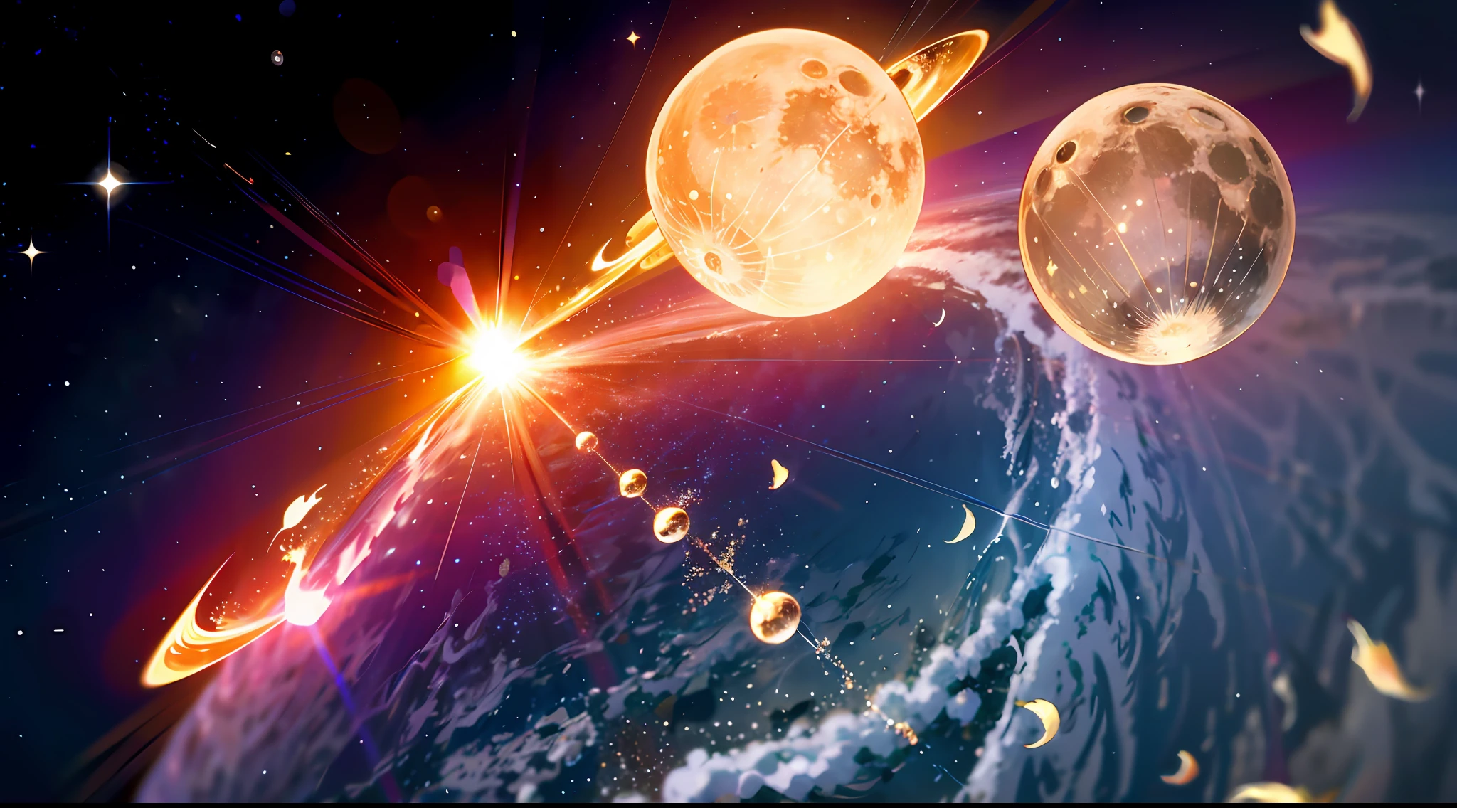 moon and sun, shining stars, wallpaper, ridiculous resolution, high resolution, (masterpiece:1.4), ultra detail, stars, seen from above, space, floating, night, delicate blue log, --v 6