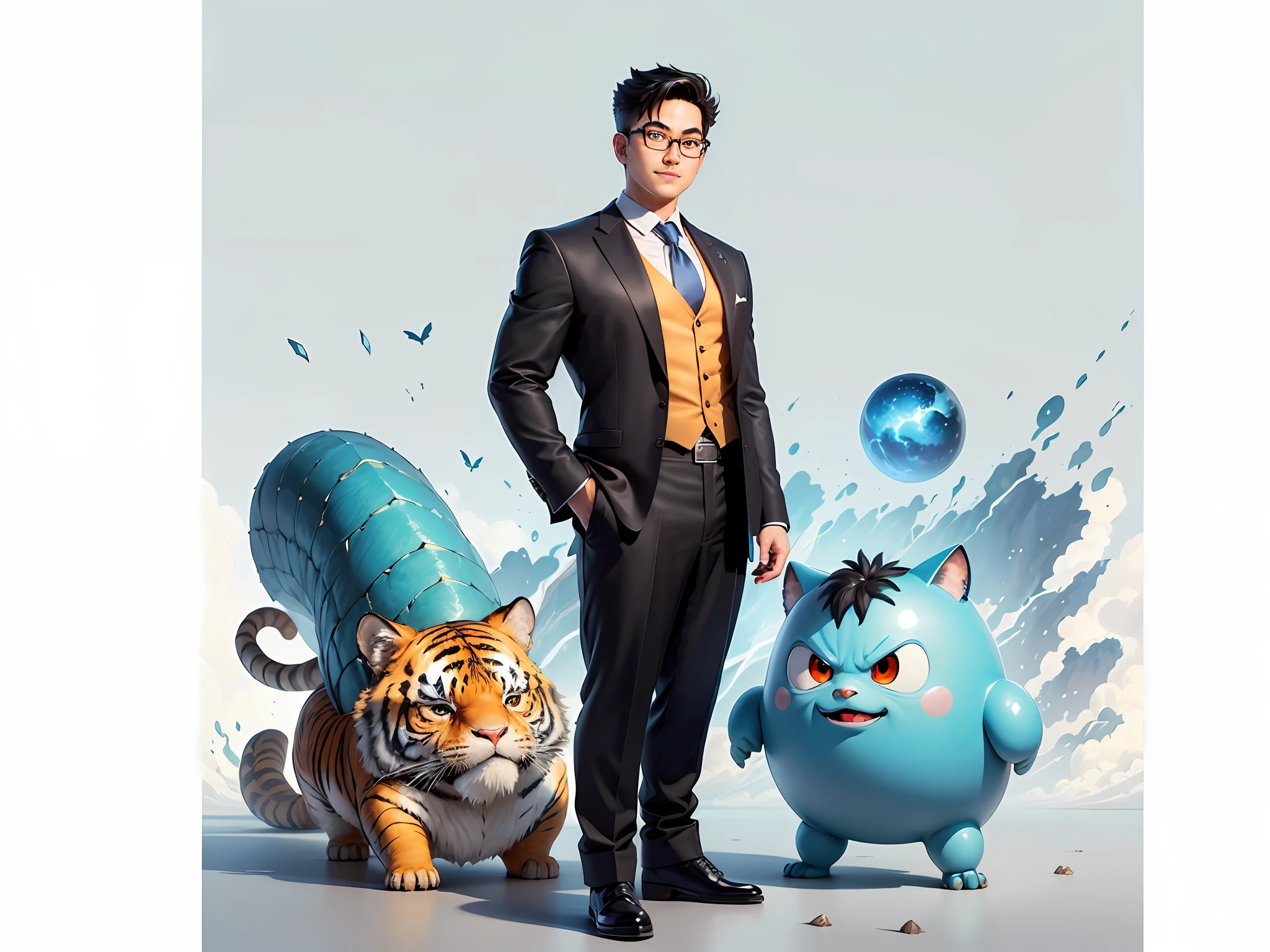 (Masterpiece), (Excellent), (Super Meticulous), (Full Body: 1.2), Super Young Man, Oriental Face, Japanese Kimono, Japanese Wind Thunder God, Dragon, Tiger, TV Anchor, Bust Portrait Illustration, Alone, Black Suit, Blue Tie, Slightly Chubby Face, Silver Glasses, Very Clean Face, No Beard, Black Super Short Hair, Black Eyes, Confident Smile, 3c Computer Sub-Products, iPad, iPhone, Digital Painting, 3D Character Design by Akira Toriyama and Mark Claireden and Pixar and Hayao Miyazaki, The illustration is a high-definition illustration in 4K resolution with very detailed facial features and cartoon-style visuals.