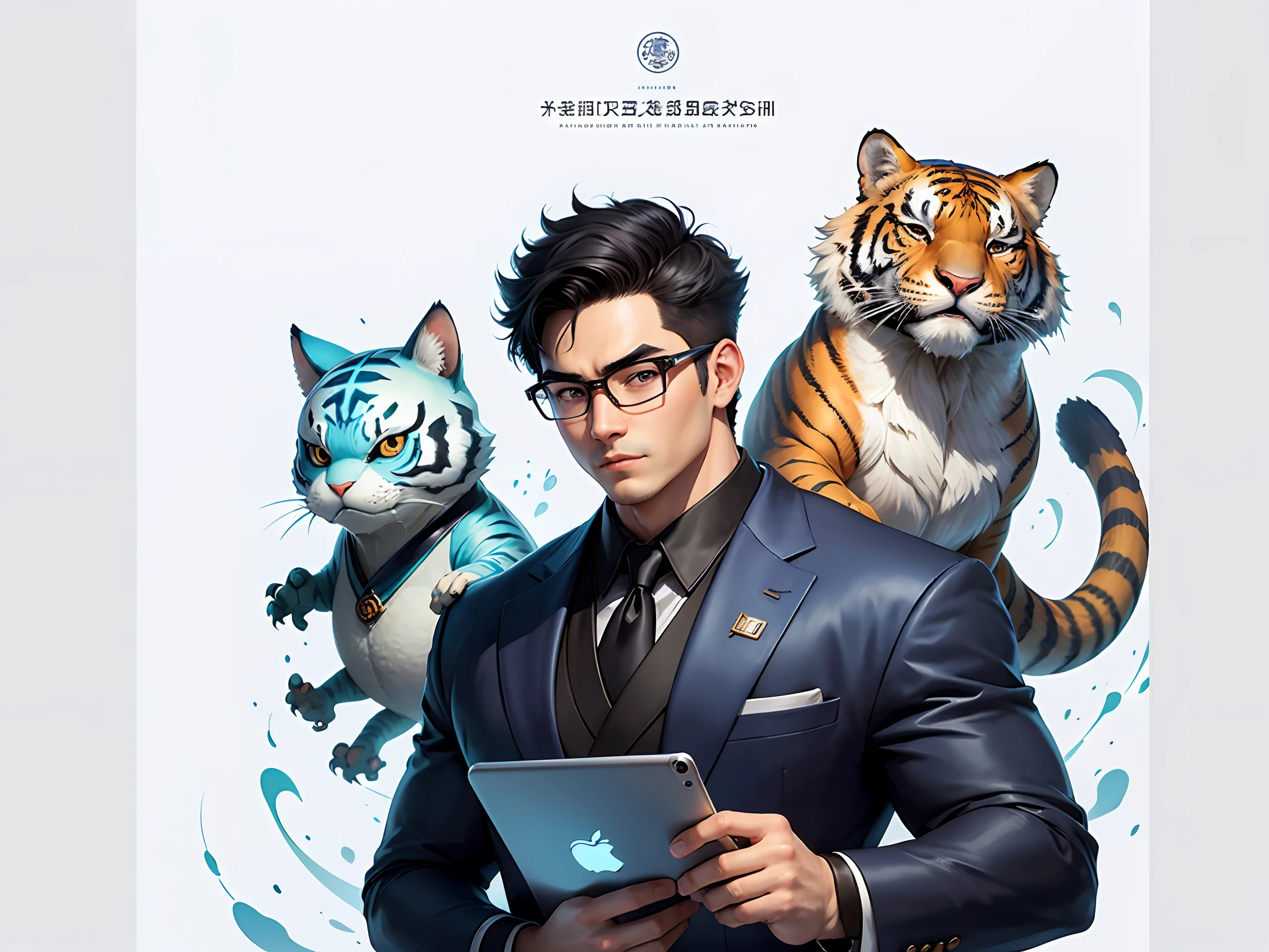 (Masterpiece), (Excellent), (Super Meticulous), (Full Body: 1.2), Super Young Man, Oriental Face, Japanese Kimono, Japanese Wind Thunder God, Dragon, Tiger, TV Anchor, Bust Portrait Illustration, Alone, Black Suit, Blue Tie, Slightly Chubby Face, Silver Glasses, Very Clean Face, No Beard, Black Super Short Hair, Black Eyes, Confident Smile, 3c Computer Sub-Products, iPad, iPhone, Digital Painting, 3D Character Design by Akira Toriyama and Mark Claireden and Pixar and Hayao Miyazaki, The illustration is a high-definition illustration in 4K resolution with very detailed facial features and cartoon-style visuals.