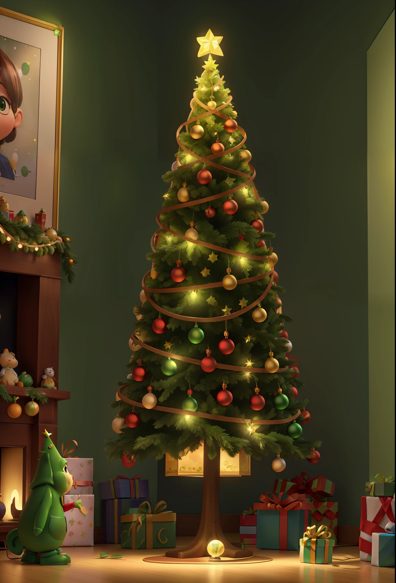 The poster depicts a green Christmas tree, presents a blind box toy style, hanging gifts and light strips, frontal perspective close-up, created in Pixar style, high-definition ultra-high resolution reaches UHD and Retina levels, exquisite and delicate picture quality brings wonderful visual effects, becoming a beautiful masterpiece.