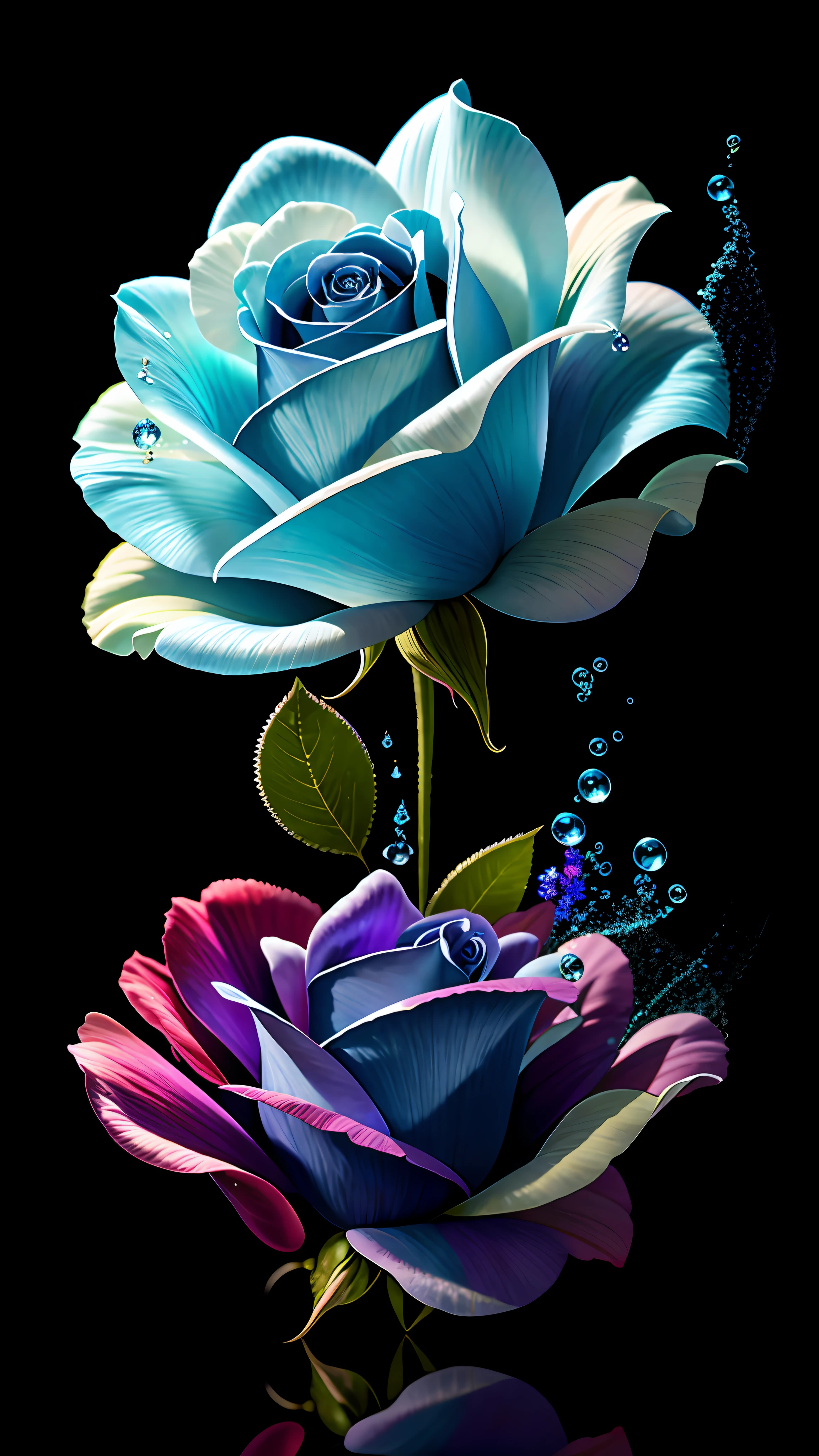 A bouquet of delicate rose flowers, blue, ultra-transparent, holy light, beautiful spectral light, petals glowing, water droplets on petals, shimmering, dark background, dripping transparent, reflected light, bright, light inflow, optics, profile portrait, sharp focus, magic, intricate, surreal, fantasy, composition, light, art station trend, pearl, silver vapor patron cloud, corrosive surround ray family, 8K, Eumorphic Air 23v4 on the light