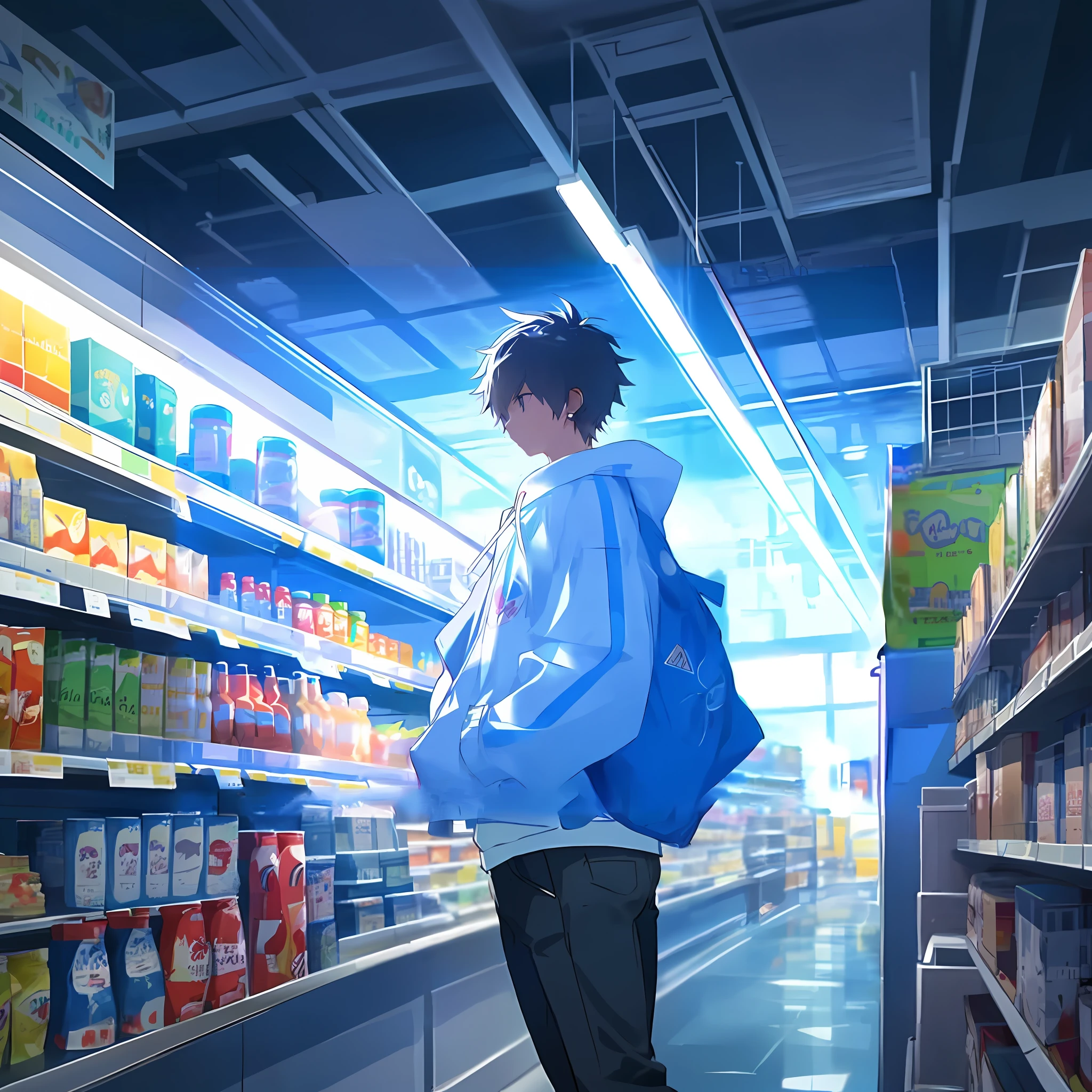 anime boy in a supermarket looking at the shelves of drinks, anime art wallpaper 8 k, anime wallpaper 4 k, anime wallpaper 4k, high quality anime artstyle, your name movie style, makoto shinkai style, 4k anime wallpaper, makoto shinkai. —h 2160, anime background, makoto shinkai art style