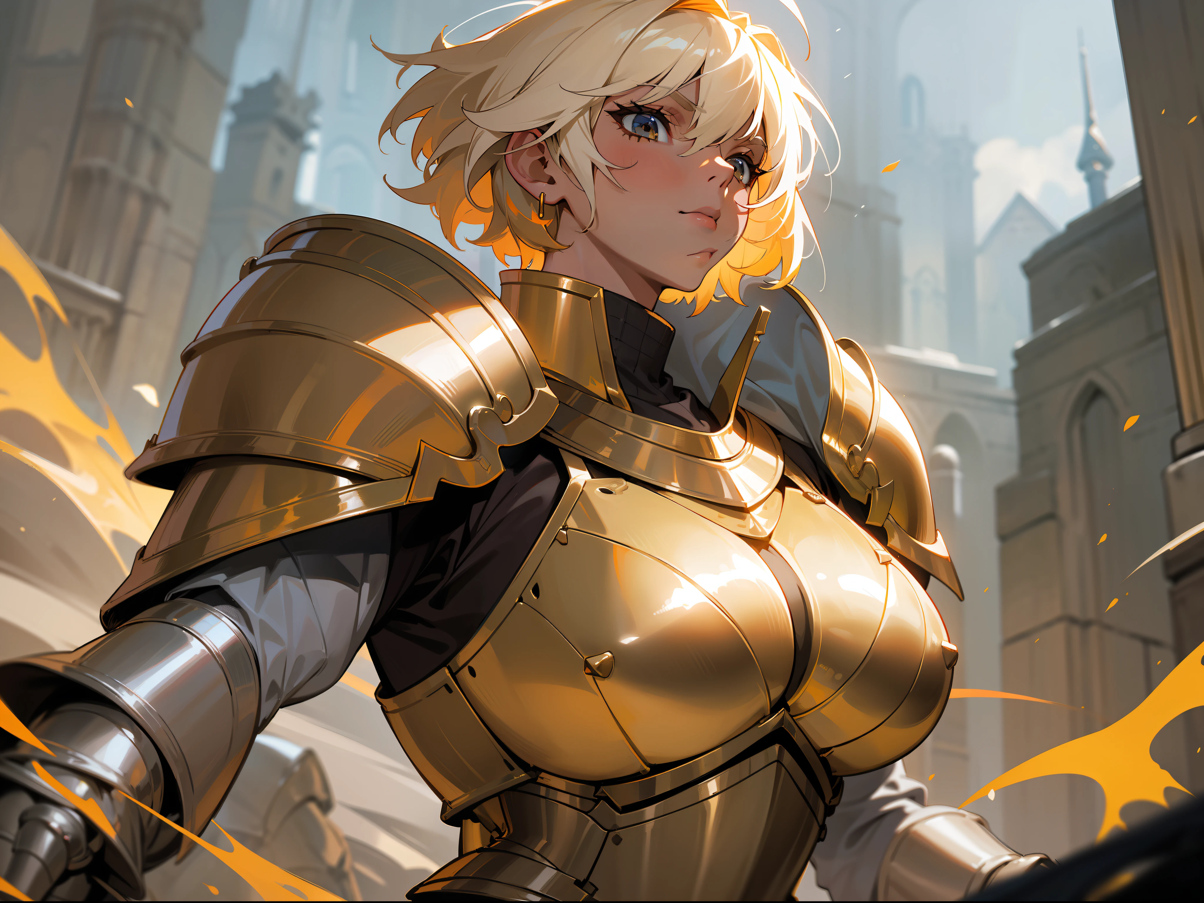 masterpiece, best quality, mature woman, scar on face, light beige short hair, dark skin, light eyes, paladin, orange golden heavy armor, breastplate, large shoulder pads, fantasy, medieval, in a battle arena, dynamic pose, beautiful detailed glow.