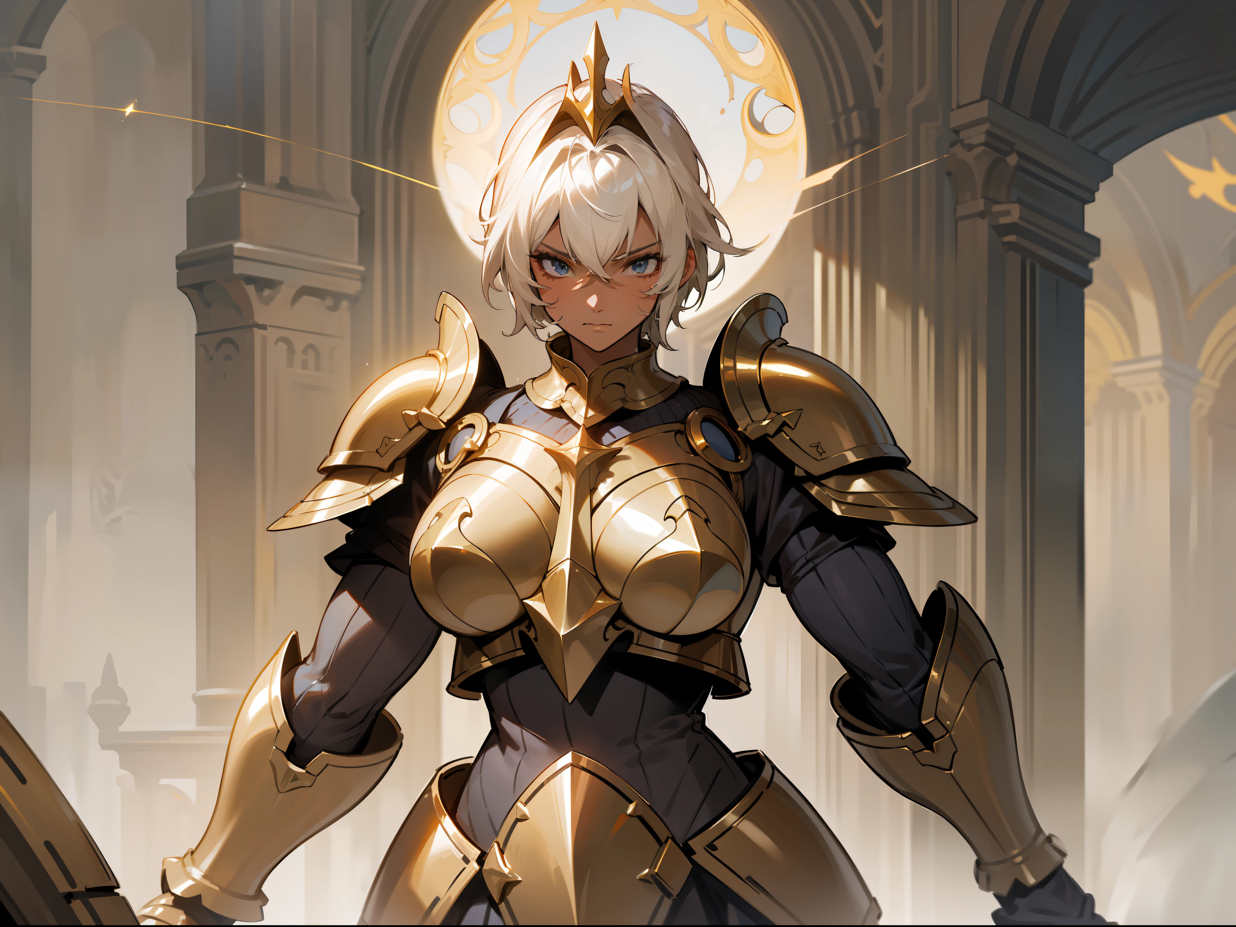 masterpiece, best quality, mature woman, scar on face, light beige short hair, dark skin, light eyes, paladin, orange golden heavy armor, breastplate, large shoulder pads, fantasy, medieval, in a battle arena, dynamic pose, beautiful detailed glow.