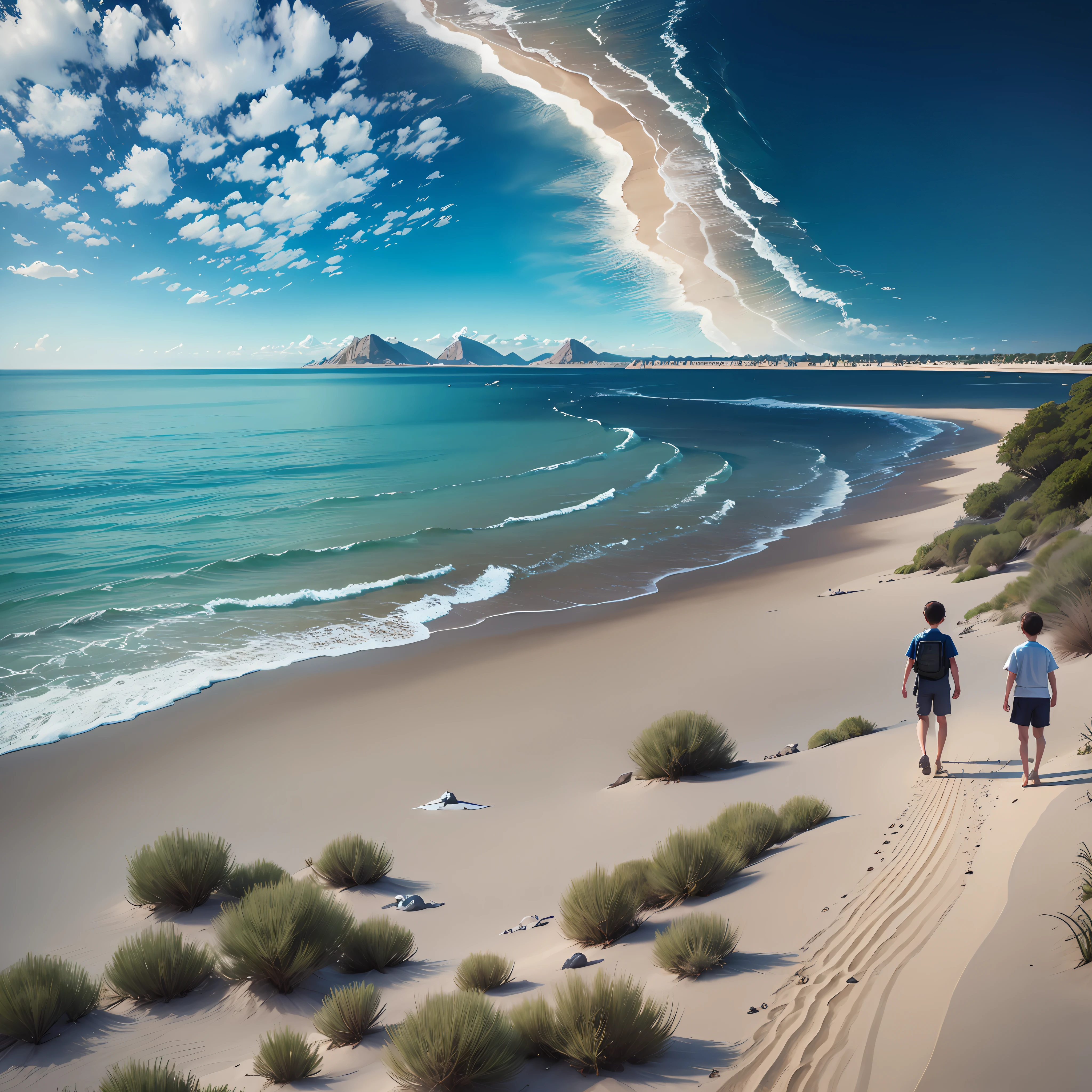 Accurate picture,8k, ultra realistic, highly detailed, masterpiece,top quality, high resolution, 10 laboratories,line ,beach ,A boy in middle,luxury, realistic --auto --s2