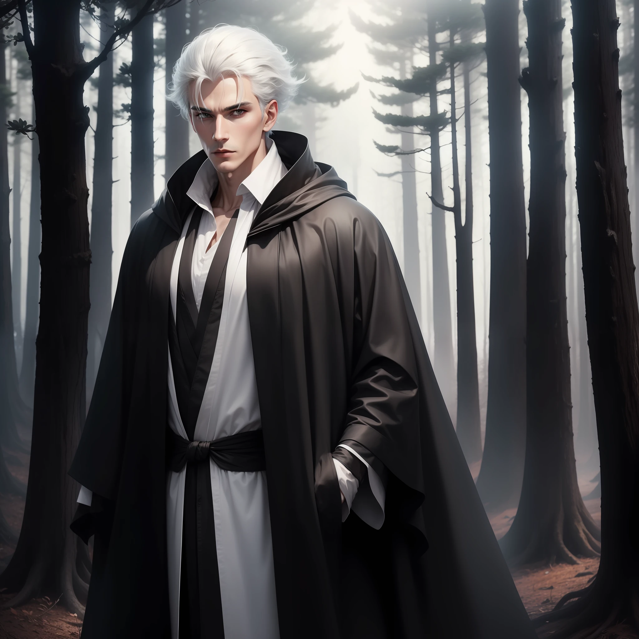 A man wearing a gray robe with long black and white hair stood in the woods