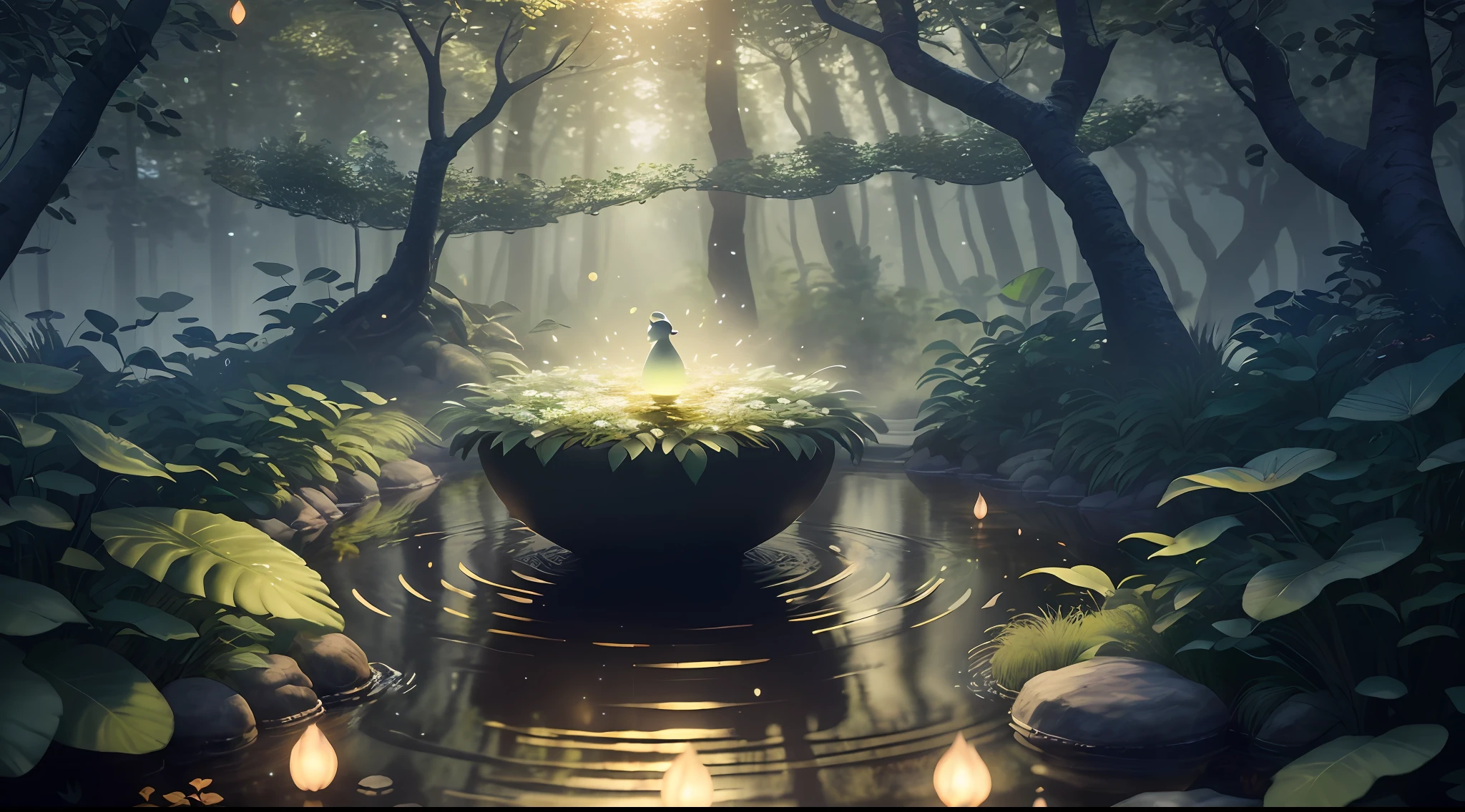 Masterpiece, best quality, (very detailed CG unity 8k wallpaper), (best quality), (best illustration), (best shadows), glow sprite, in the swimming pool Drinking water, natural elements in the forest theme. Mysterious forest, beautiful forest, nature, surrounded by flowers, delicate leaves and branches surrounded by fireflies (natural elements), (jungle theme), (leaves), (twigs), (fireflies), (particle effects) etc. 3D , Octane rendering, ray tracing, super detailed
