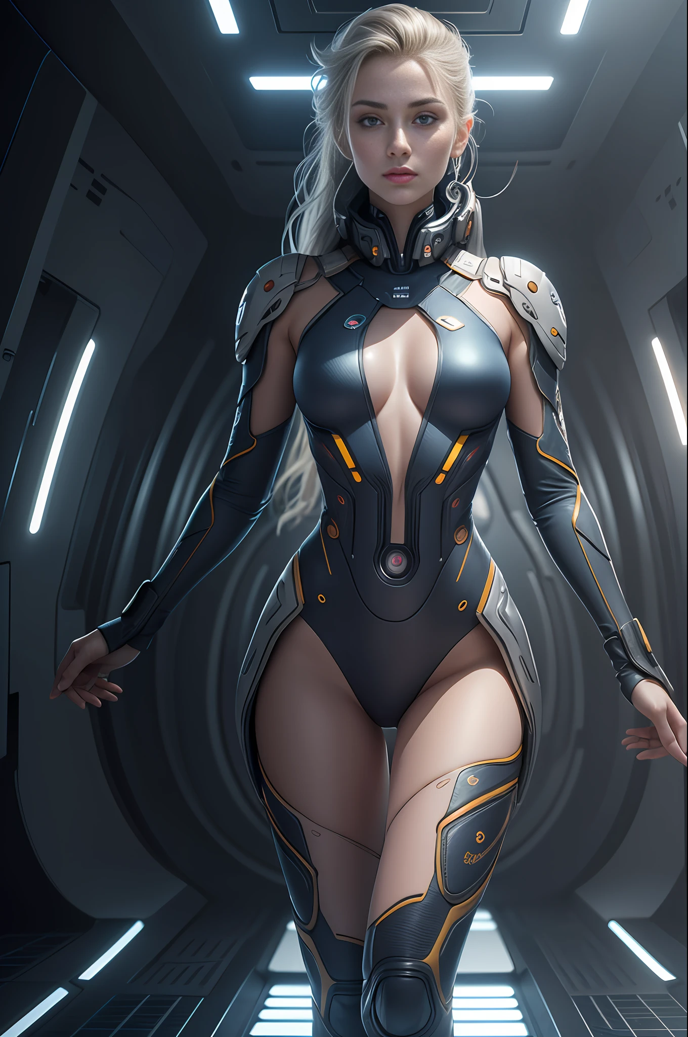 Full body photo, photo, best quality, masterpiece, inside a futuristic high-tech giant spaceship, brightly lit, sci-fi, portrait (20 years old woman: 1.2), (bare thighs: 1.4), (bare arms: 1.4), tight spacesuit, (beautiful face: 1.3), (ultra-detailed face: 1.2), masterpiece, (detailed facial features: 1.1), (sexy body: 1.4), detailed textures, cinematic lighting, senior artist photographer
