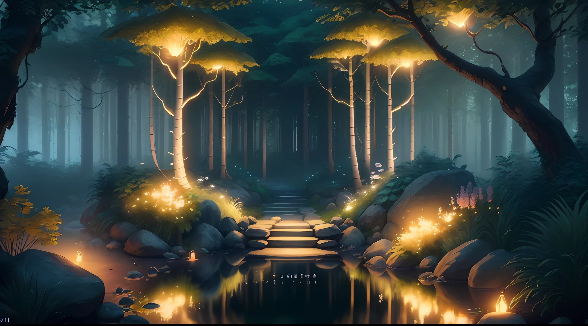 Masterpiece, best quality, (very detailed CG unity 8k wallpaper), (best quality), (best illustration), (best shadows), glow sprite, in the swimming pool Drinking water, natural elements in the forest theme. Mysterious forest, beautiful forest, nature, surrounded by flowers, delicate leaves and branches surrounded by fireflies (natural elements), (jungle theme), (leaves), (twigs), (fireflies), (particle effects) etc. 3D , Octane rendering, ray tracing, super detailed