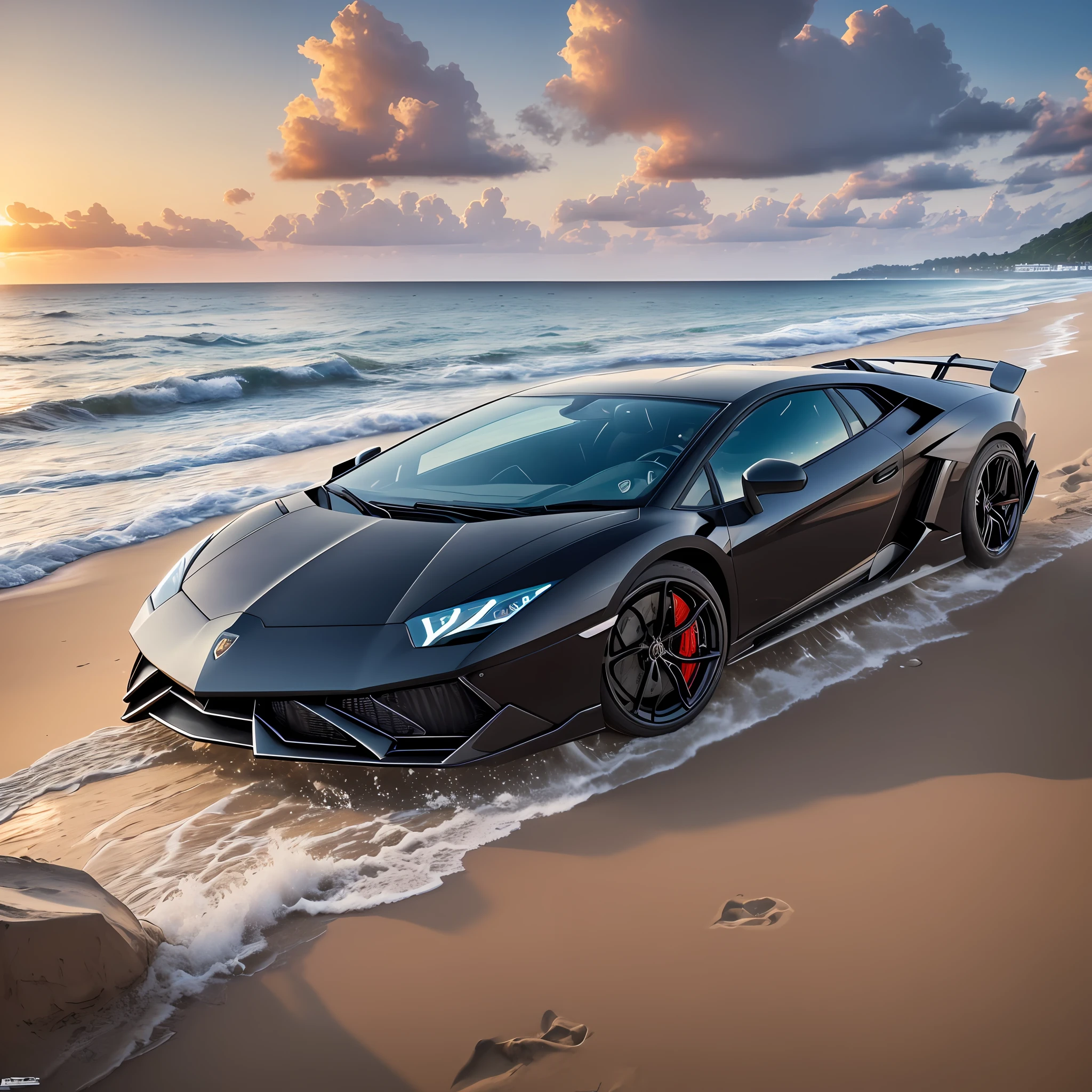 Accurate picture,8k, ultra realistic, highly detailed, masterpiece,top quality, high resolution, twice, black Lamborghini,in beach --auto --s2